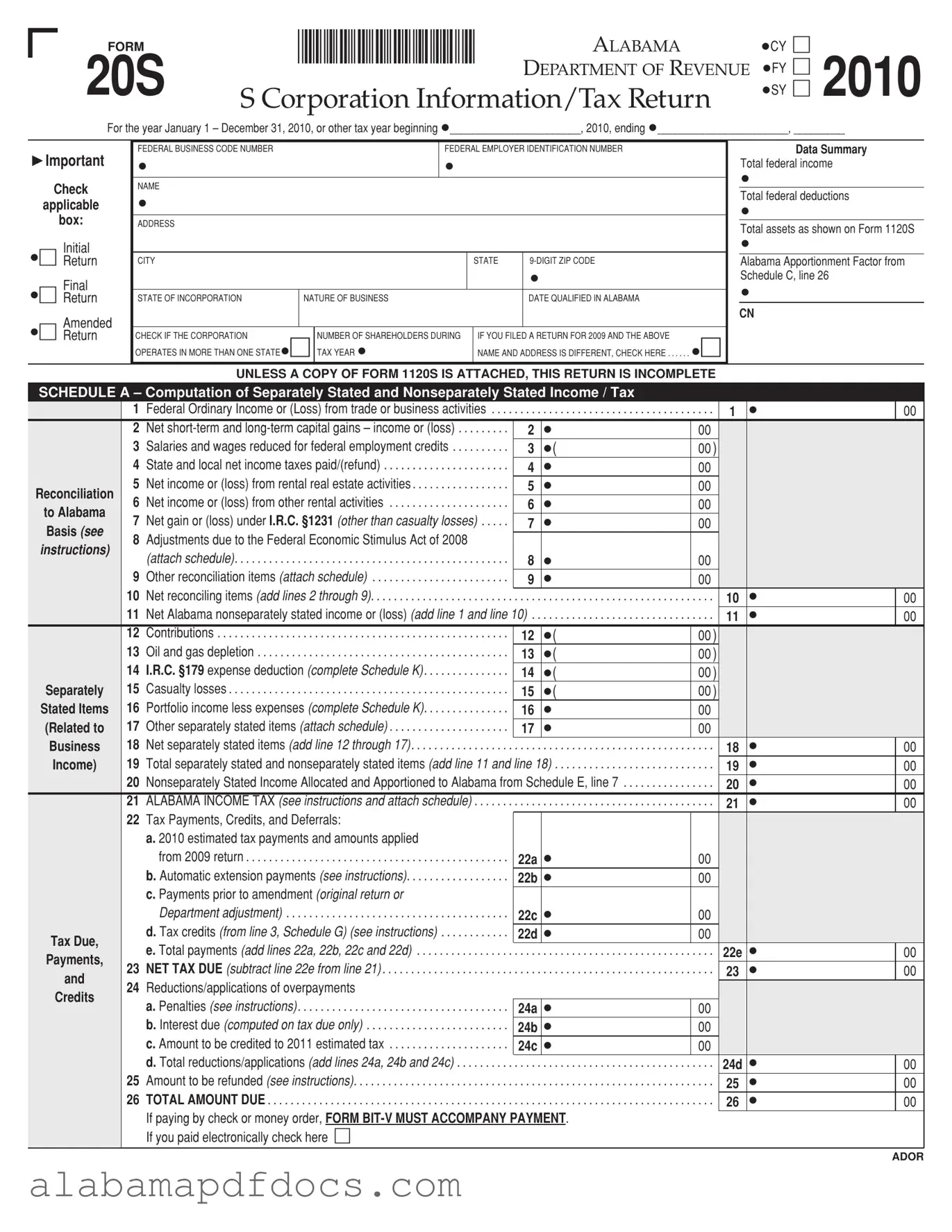 Free Alabama 20S PDF Template