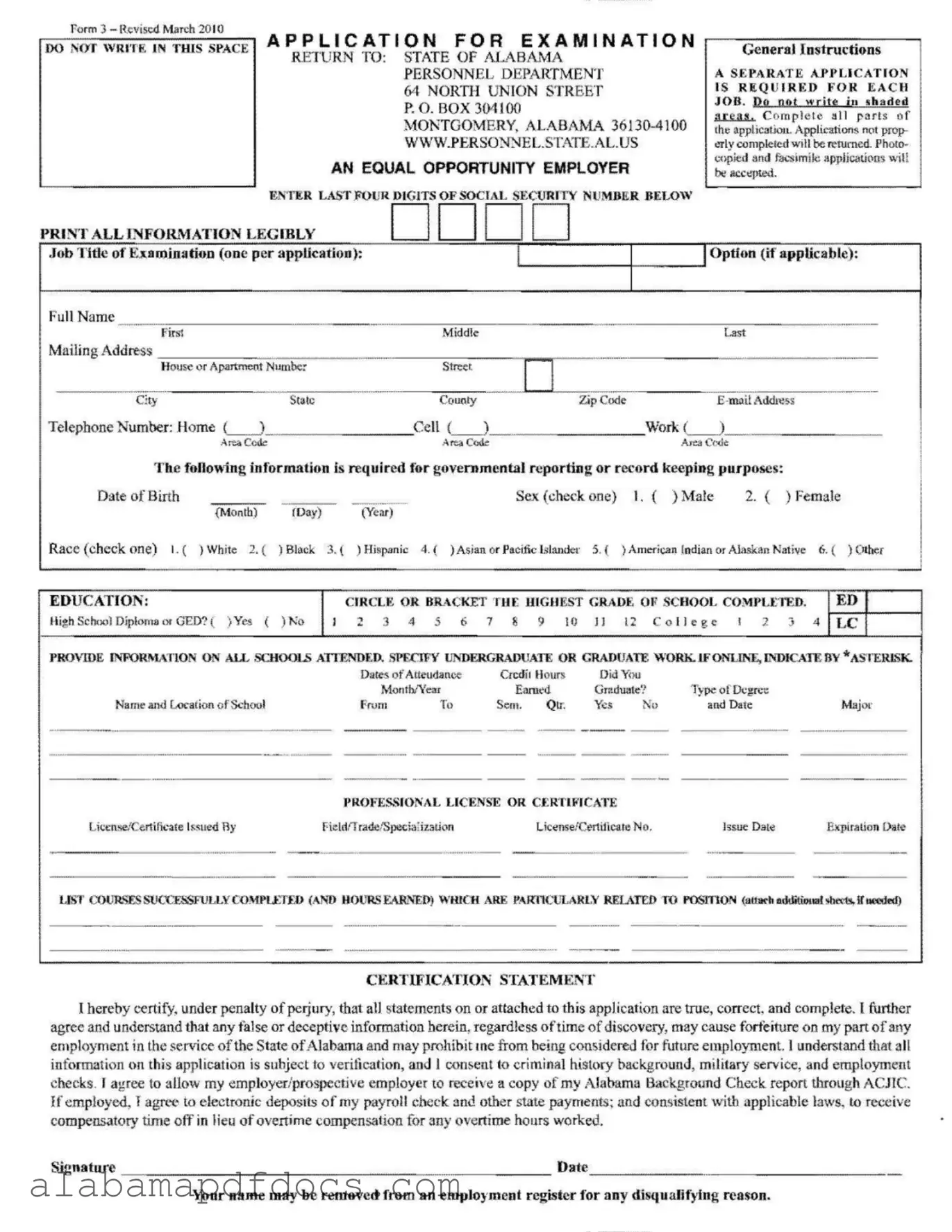 Free Alabama 3 PDF Template