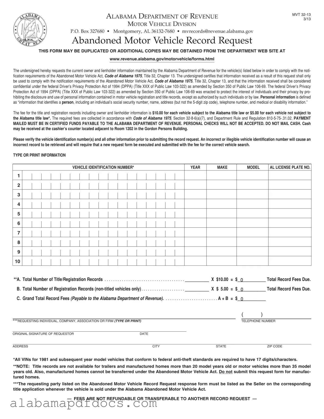 Free Alabama Abandoned Vehicle PDF Template