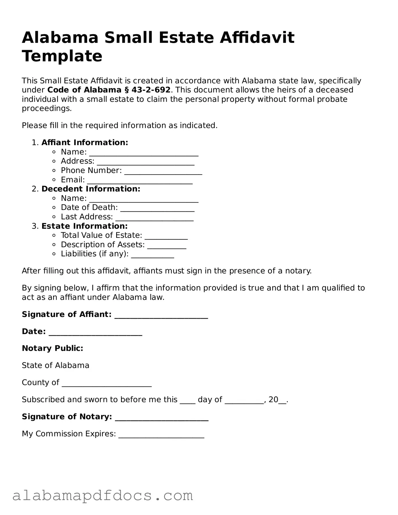 Printable Small Estate Affidavit Form for Alabama State