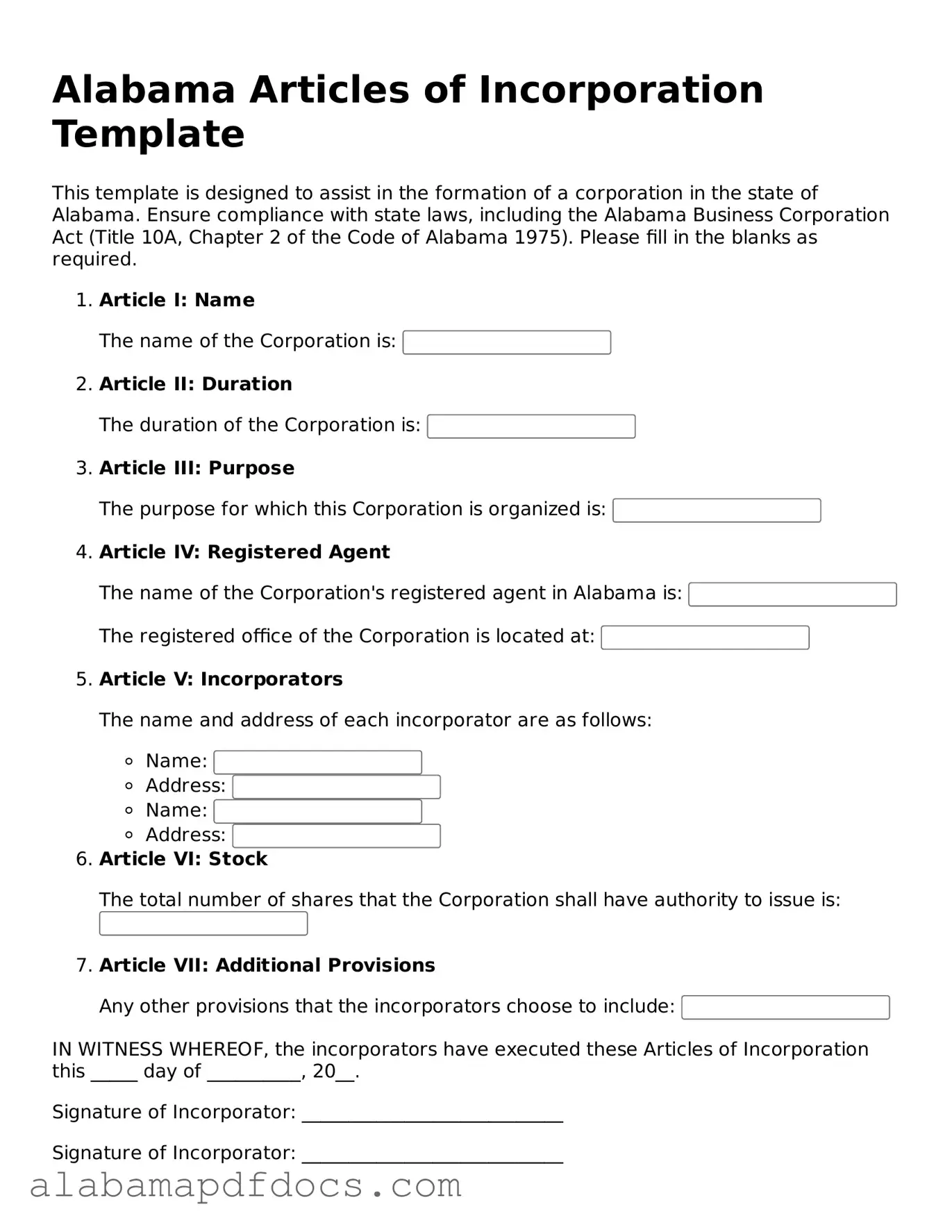Printable Articles of Incorporation Form for Alabama State