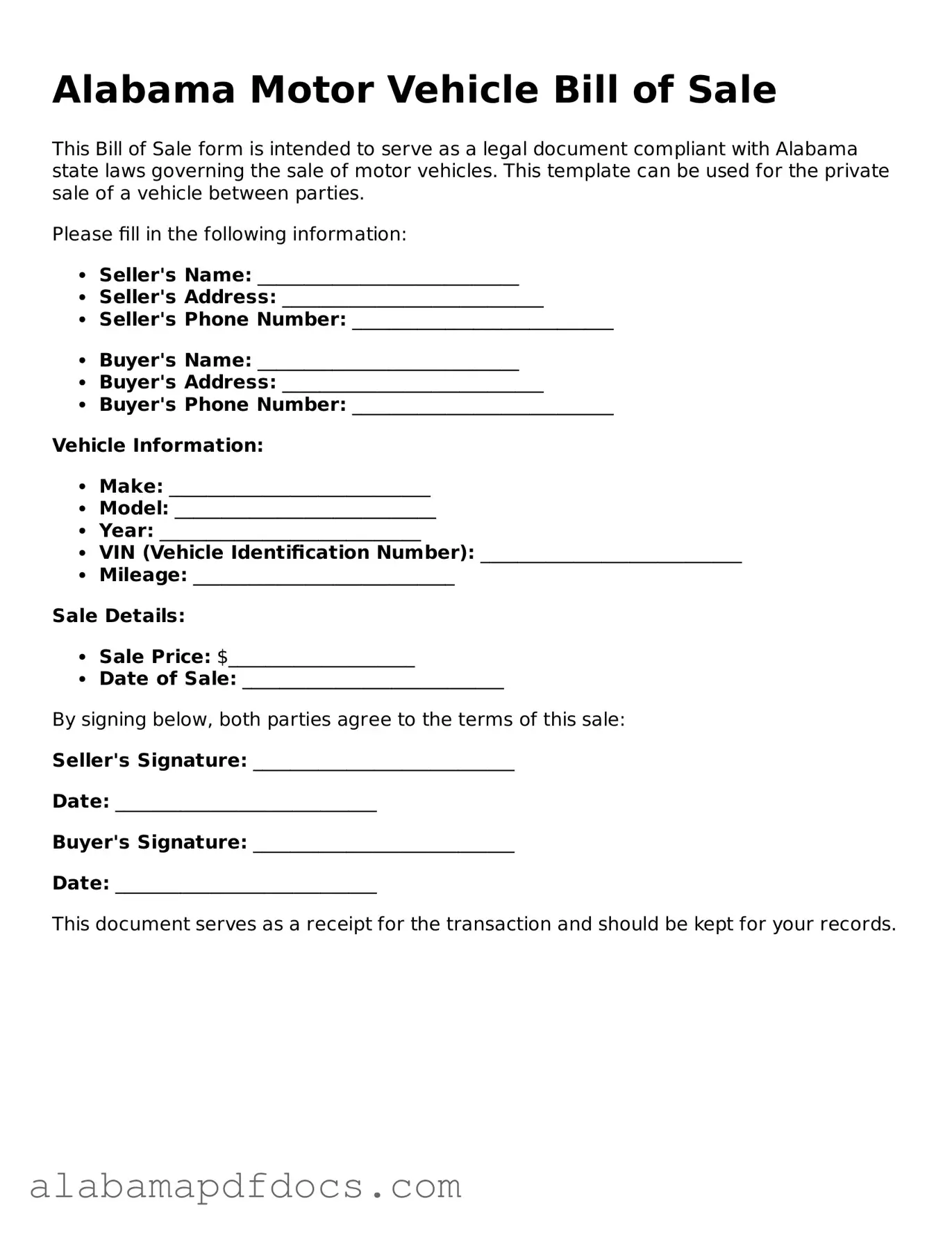 Printable Motor Vehicle Bill of Sale Form for Alabama State