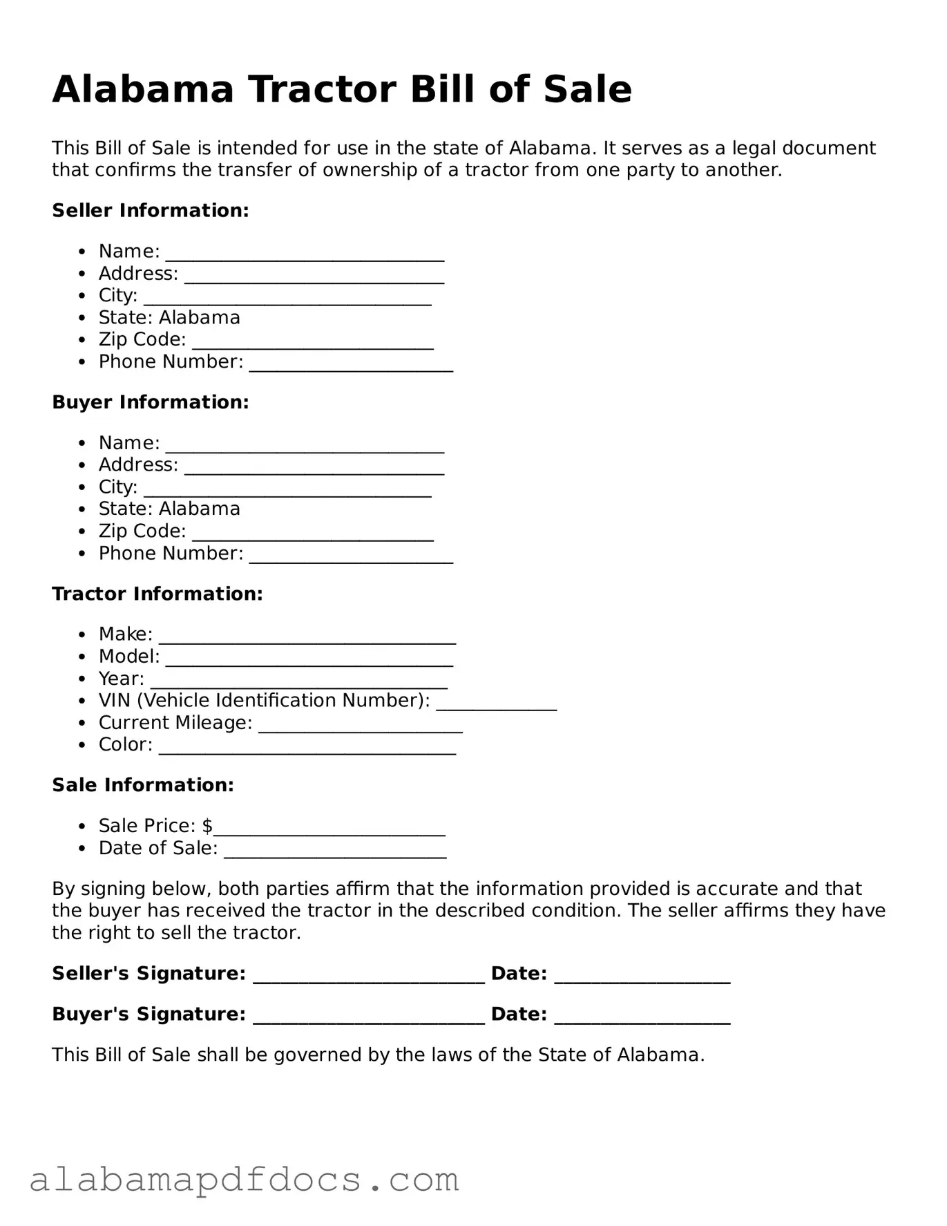 Printable Tractor Bill of Sale Form for Alabama State