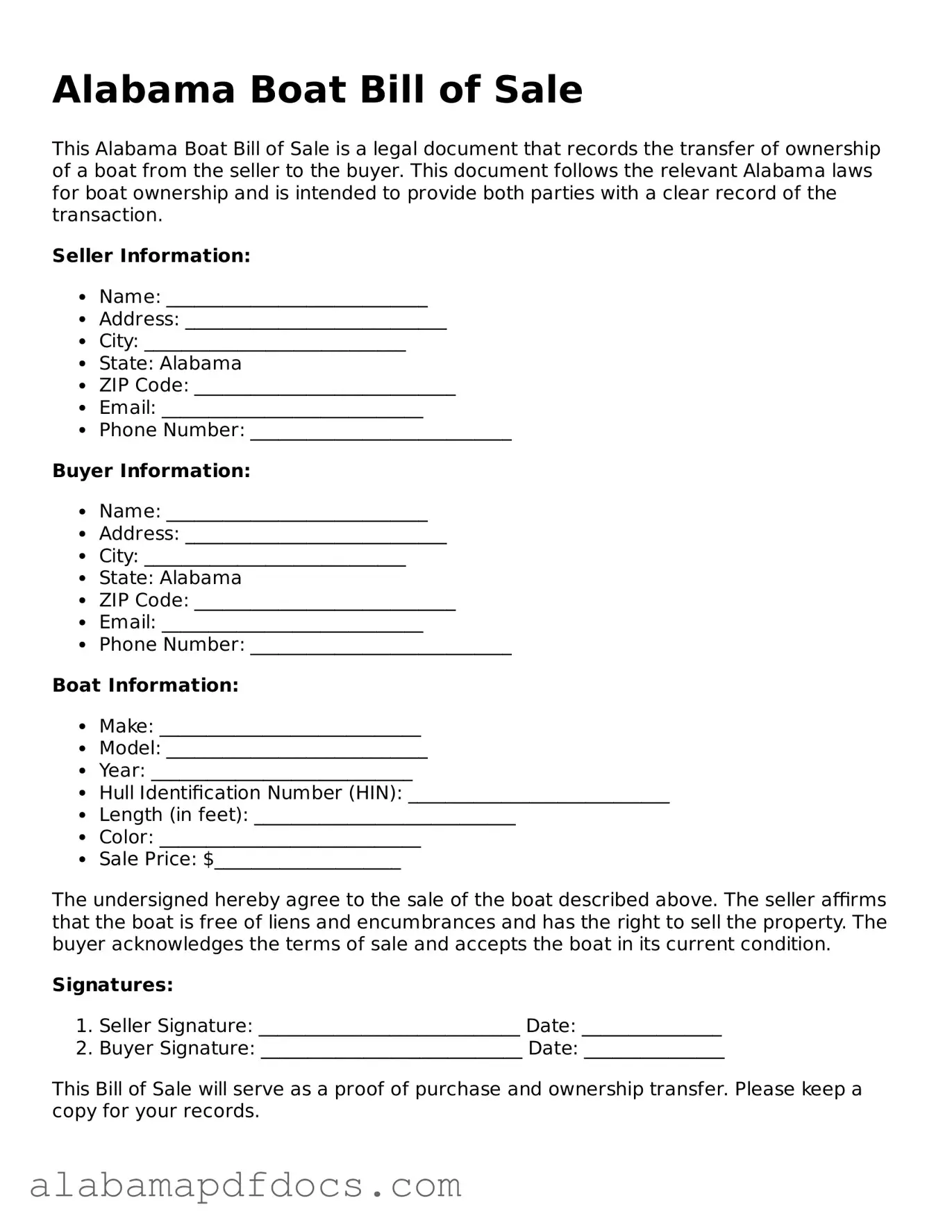 Printable Boat Bill of Sale Form for Alabama State