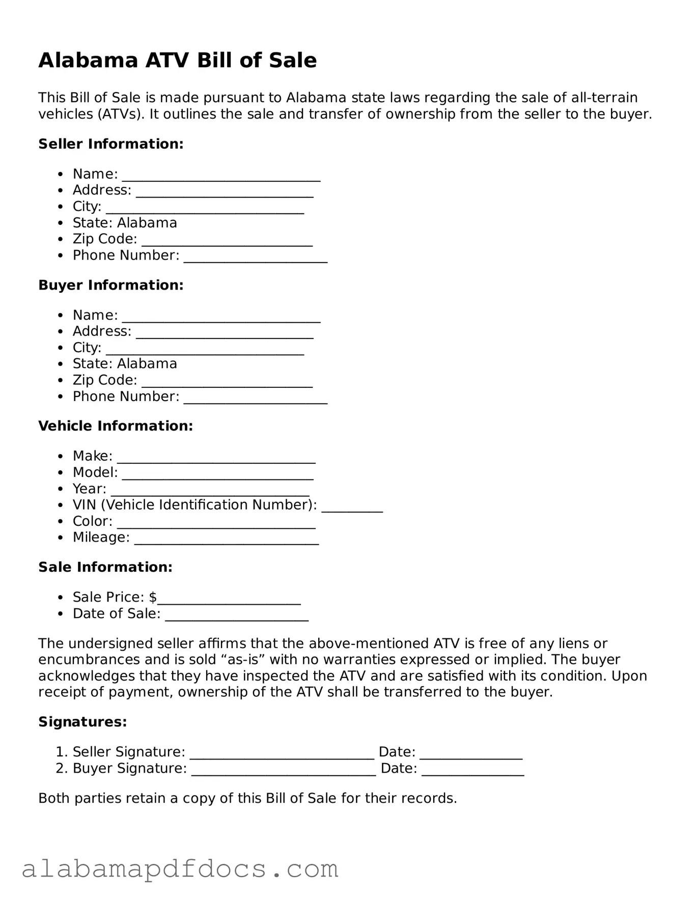 Printable ATV Bill of Sale Form for Alabama State
