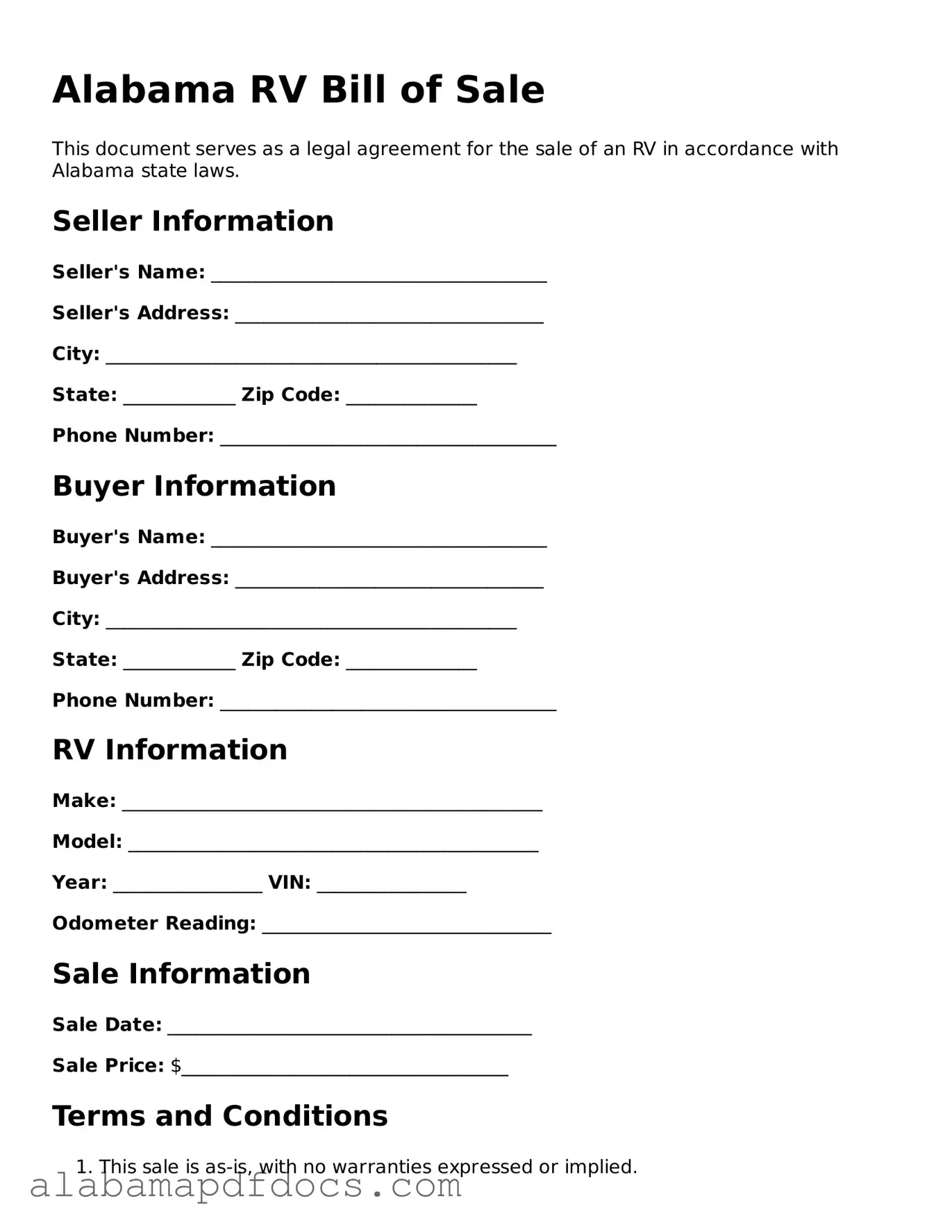 Printable RV Bill of Sale Form for Alabama State