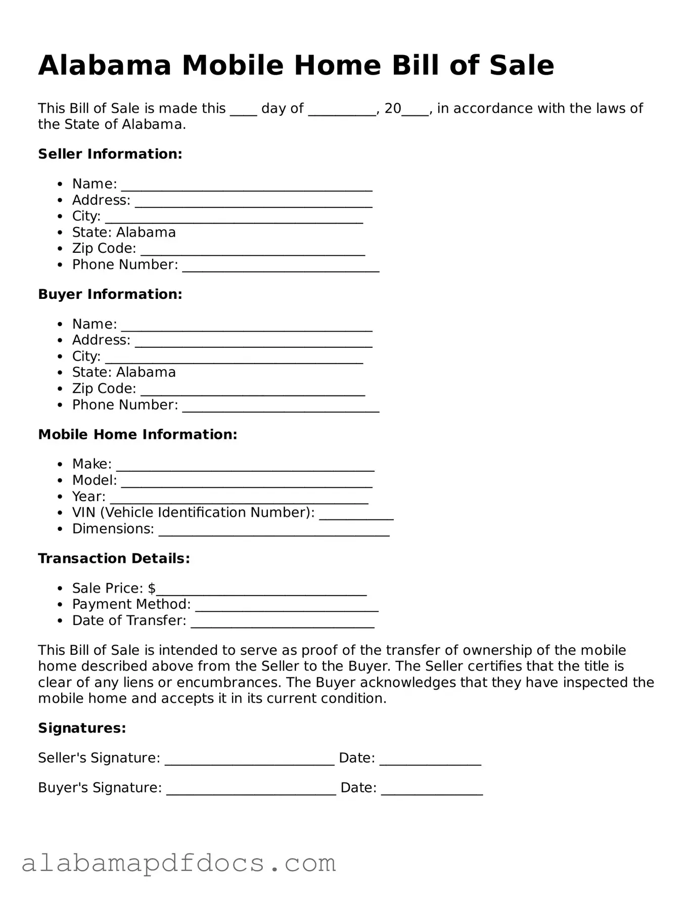 Printable Mobile Home Bill of Sale Form for Alabama State