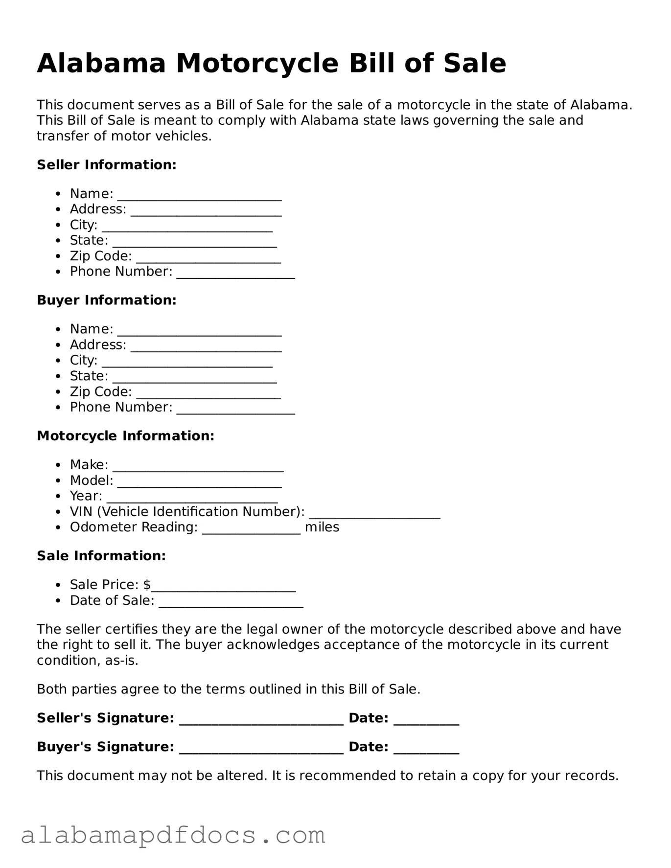 Printable Motorcycle Bill of Sale Form for Alabama State