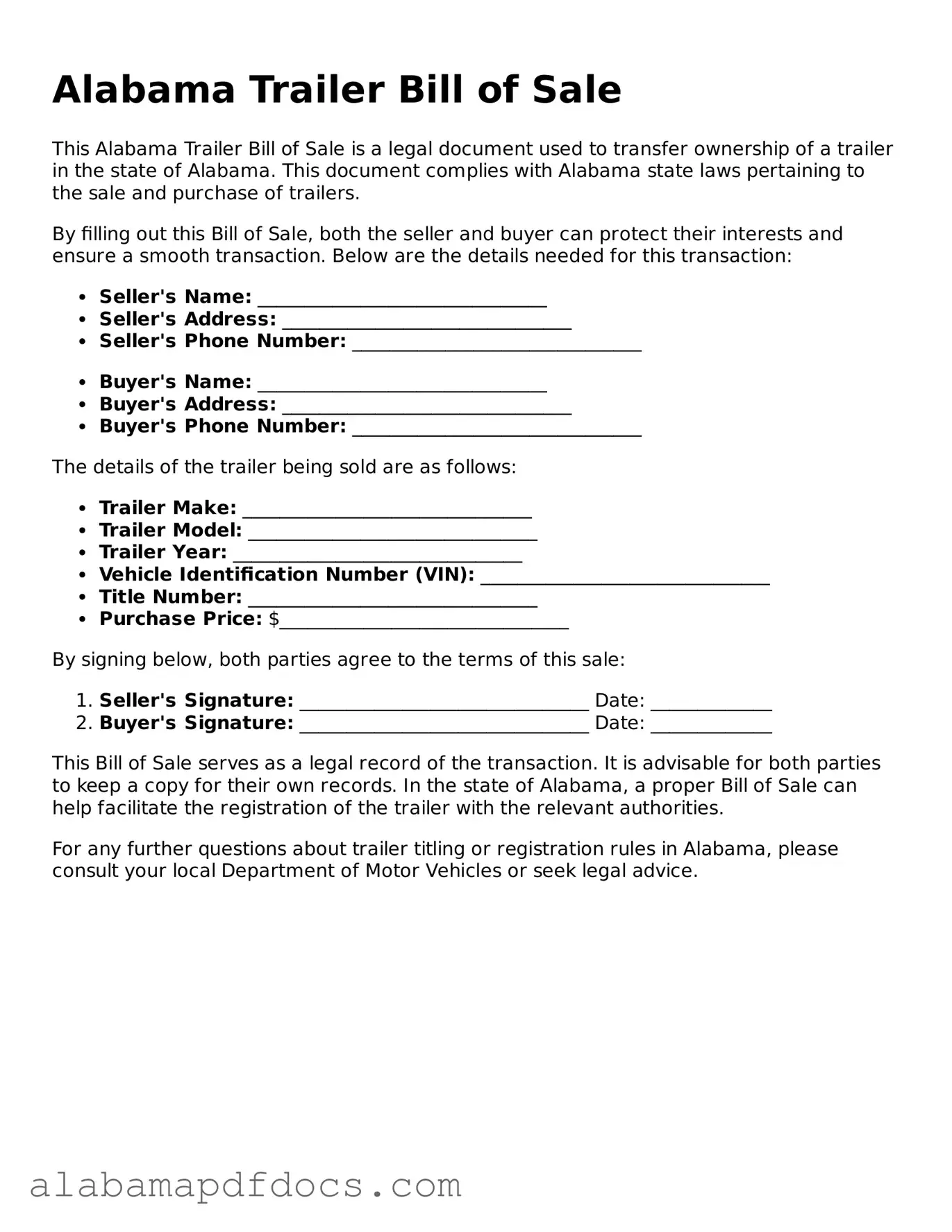 Printable Trailer Bill of Sale Form for Alabama State