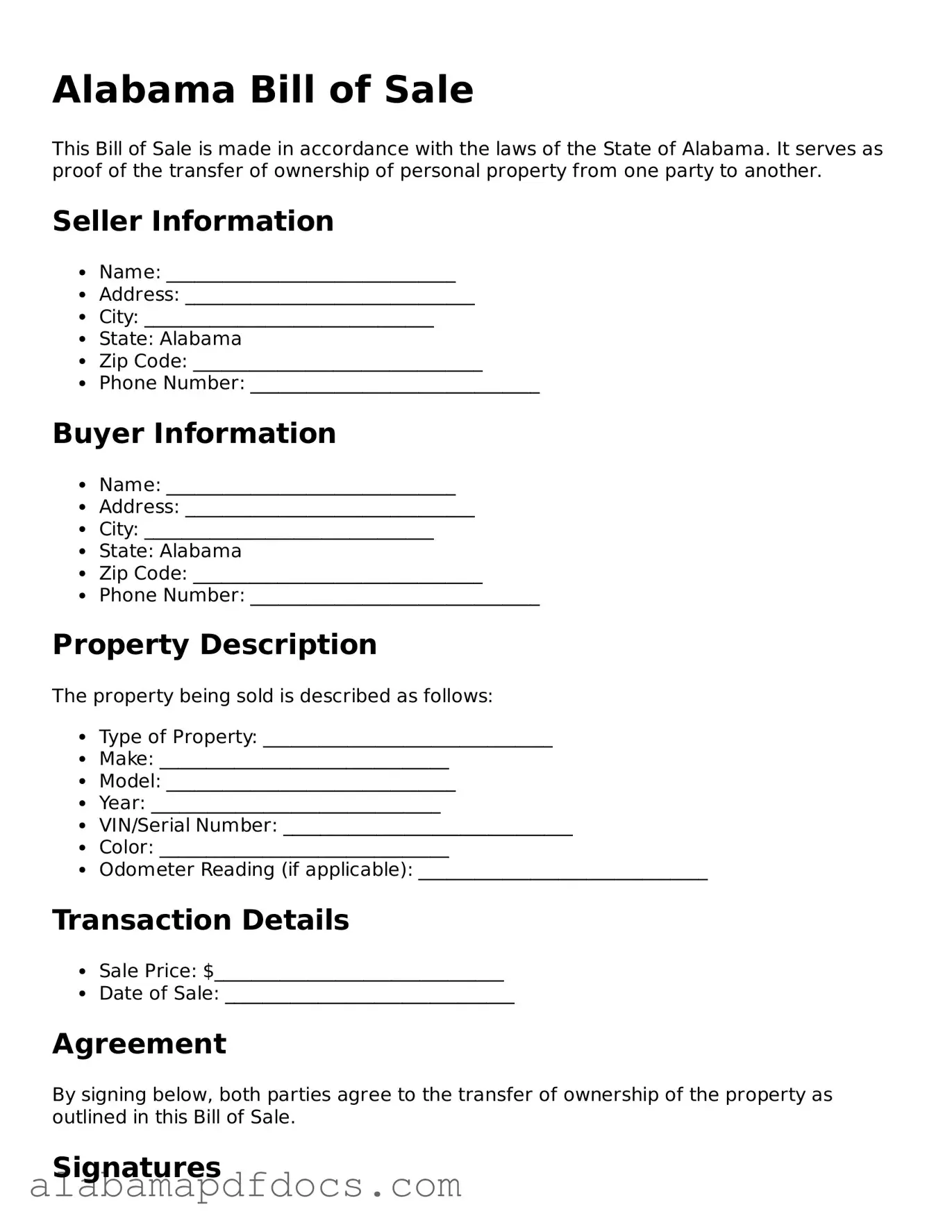 Printable Bill of Sale Form for Alabama State