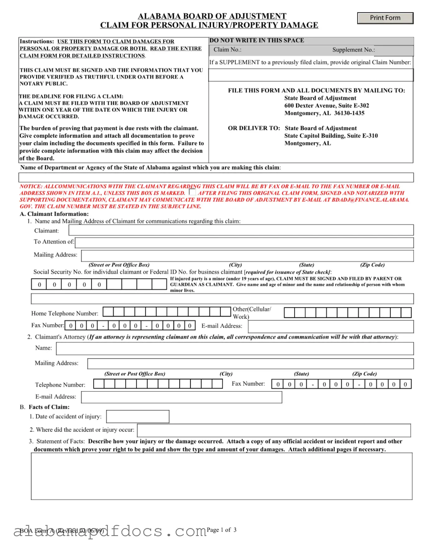 Free Alabama Boa A PDF Template