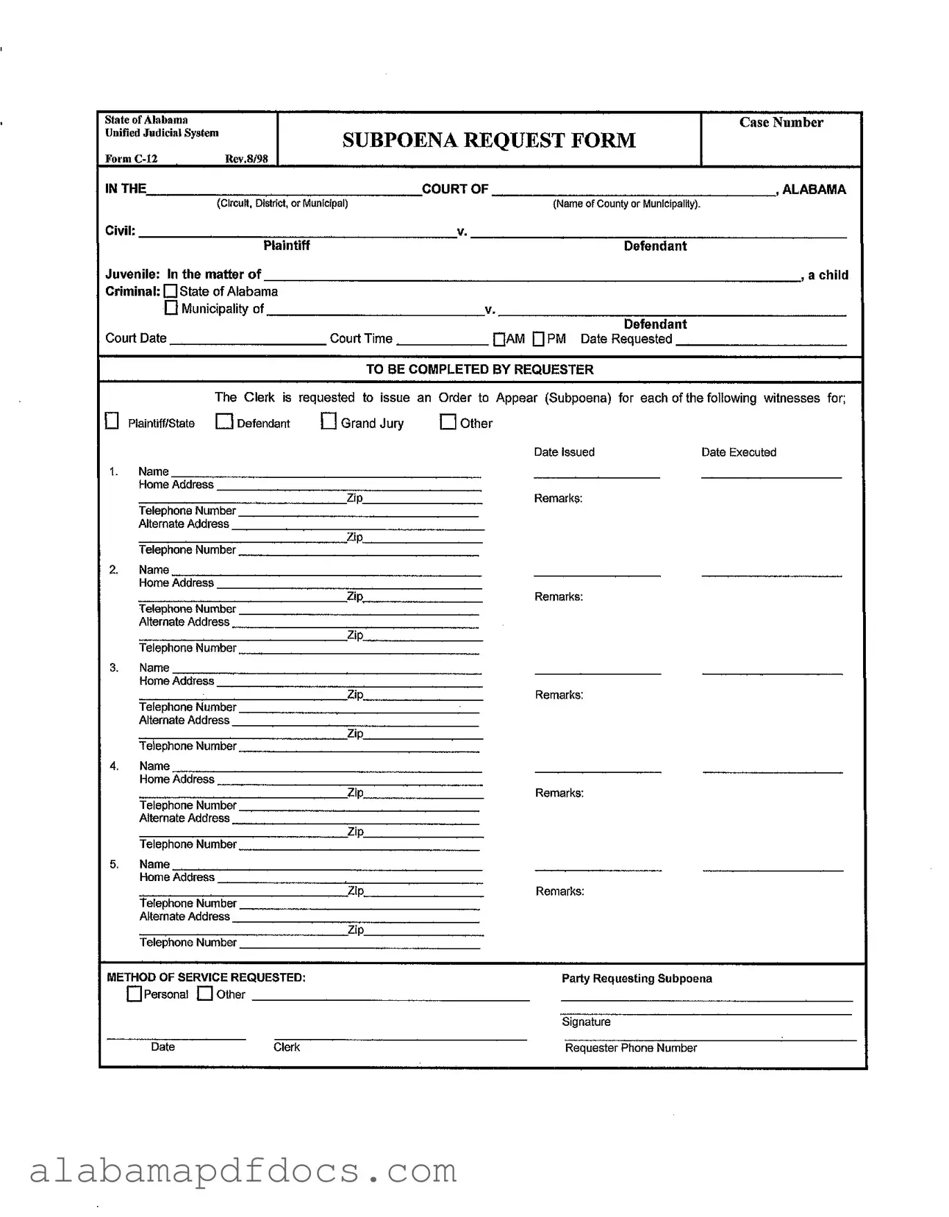 Free Alabama C 12 PDF Template