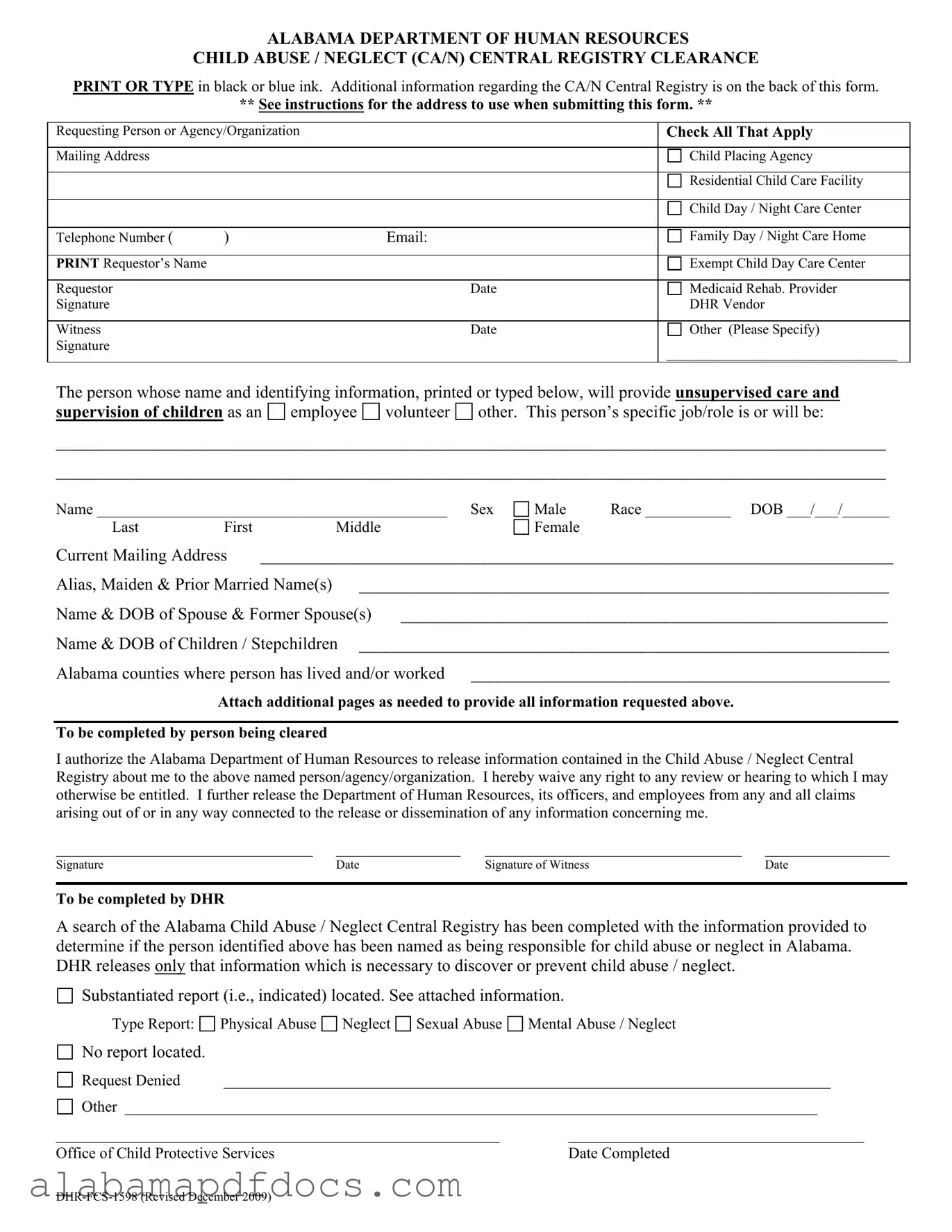 Free Alabama Central Registry Clearance PDF Template