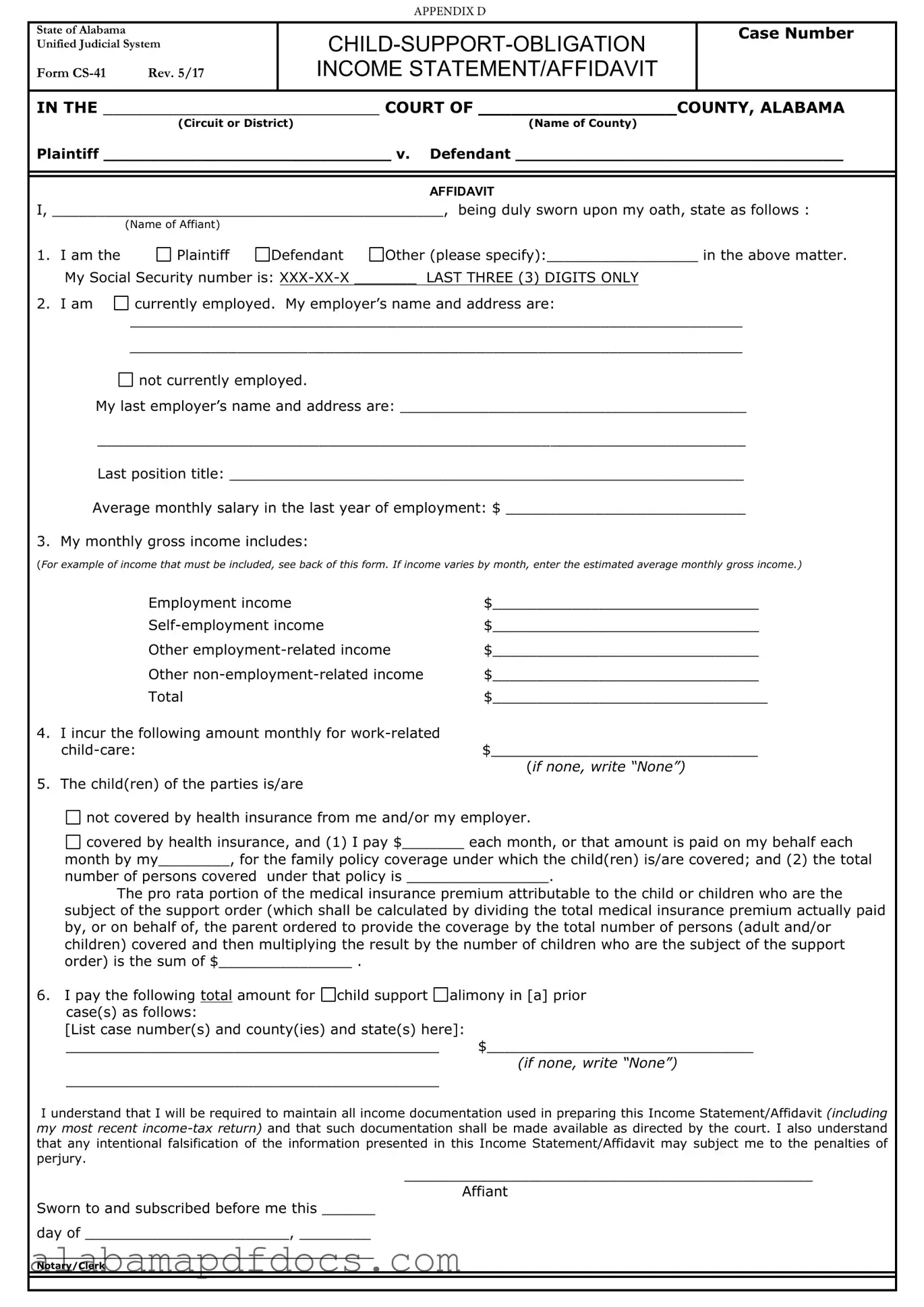 Free Alabama Child Support Income PDF Template