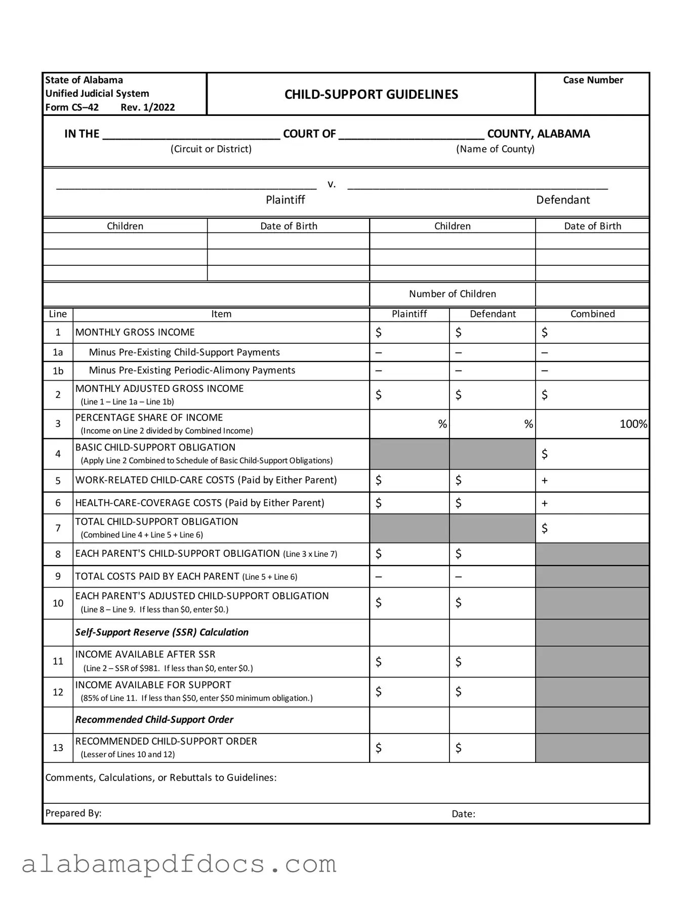 Free Alabama Child Support Sheet PDF Template