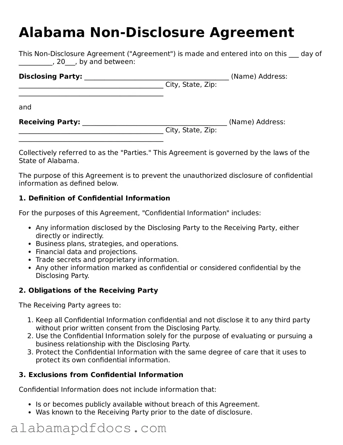 Printable Non-disclosure Agreement Form for Alabama State