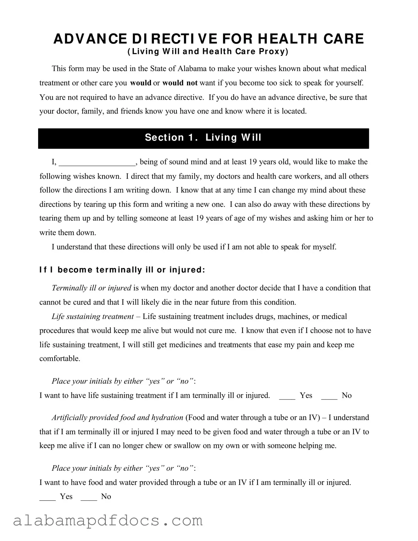 Free Alabama Directive Health Care PDF Template