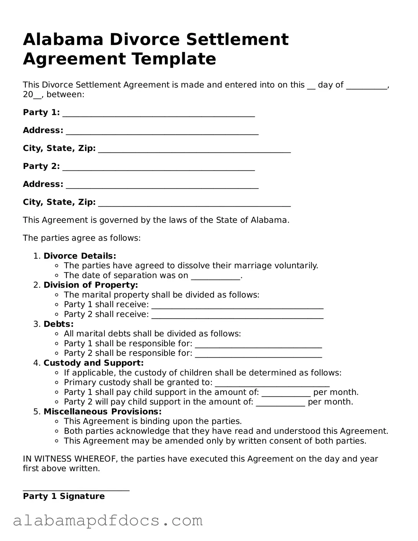 Printable Divorce Settlement Agreement Form for Alabama State