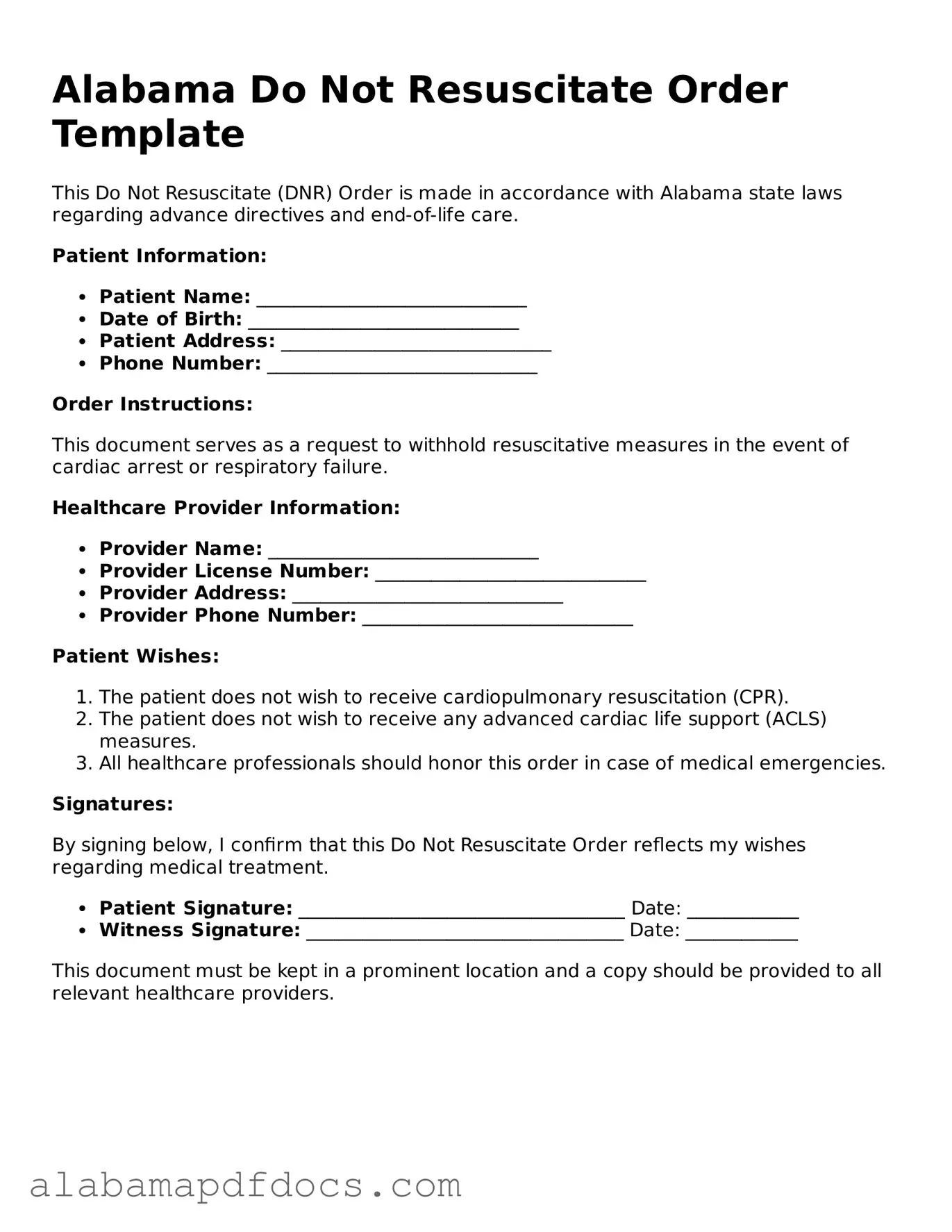 Printable Do Not Resuscitate Order Form for Alabama State