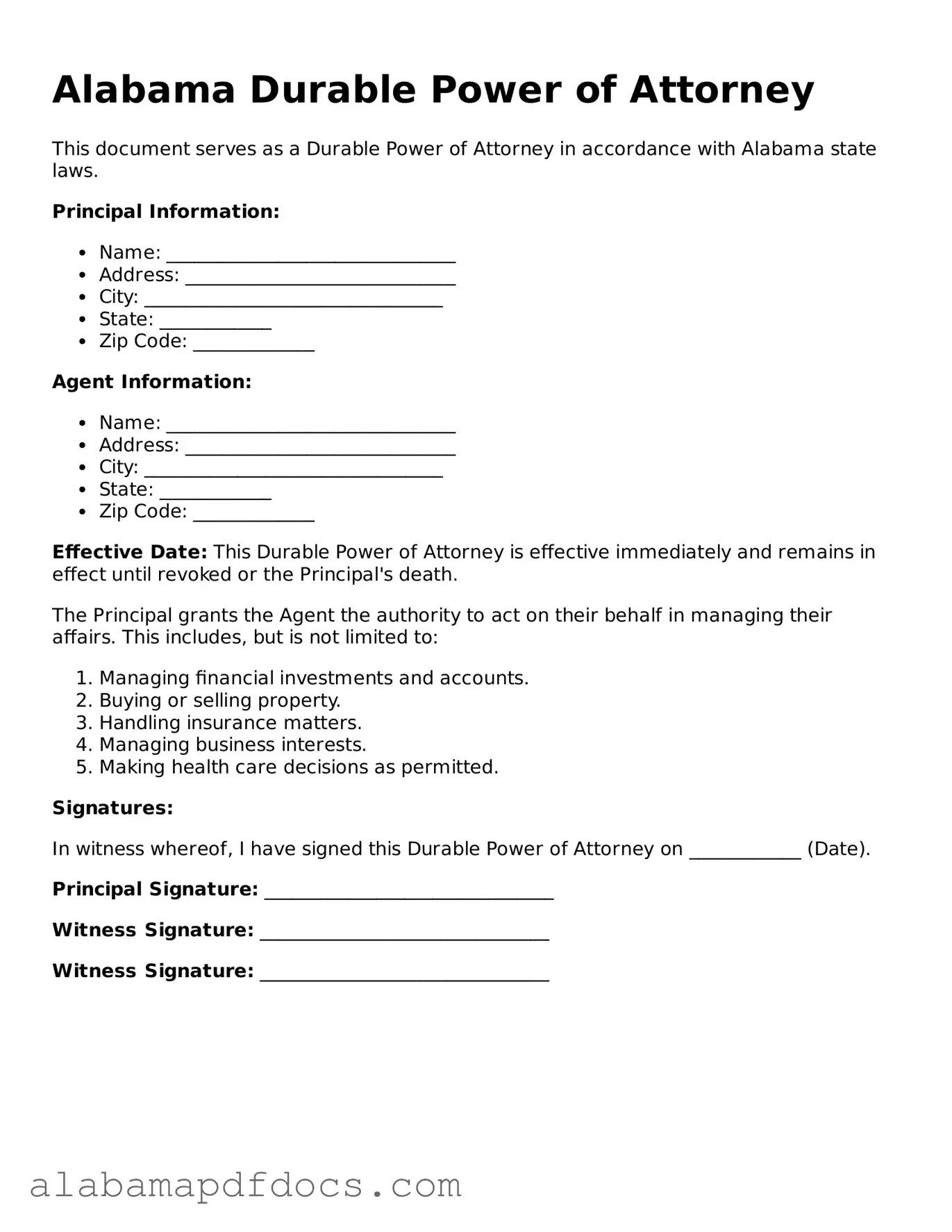 Printable Durable Power of Attorney Form for Alabama State