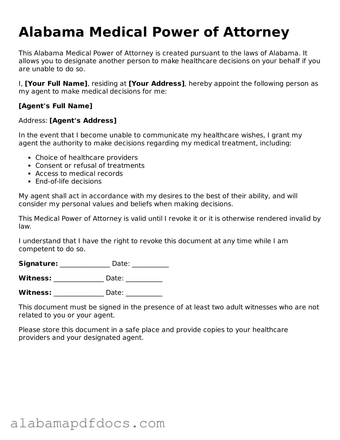 Printable Medical Power of Attorney Form for Alabama State
