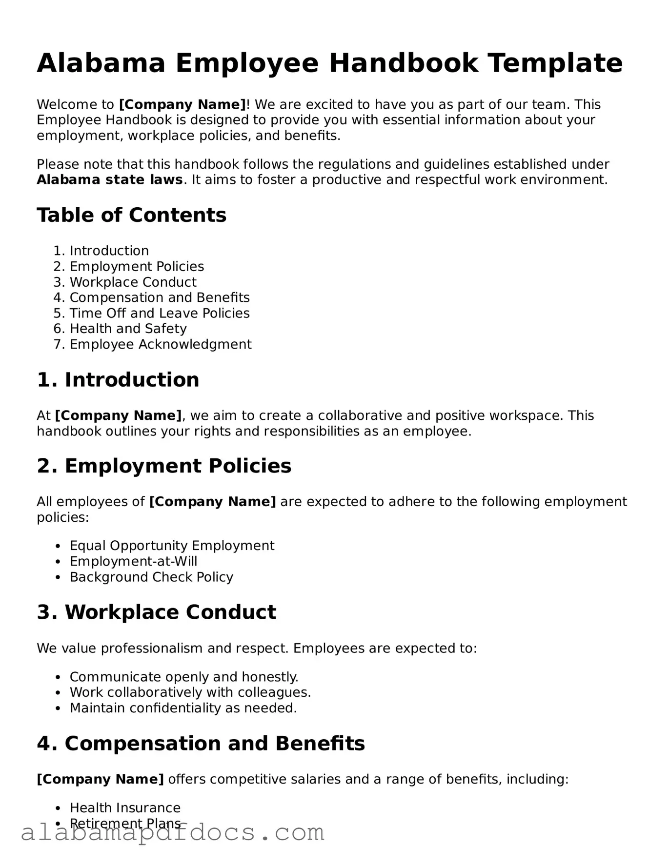 Printable Employee Handbook Form for Alabama State