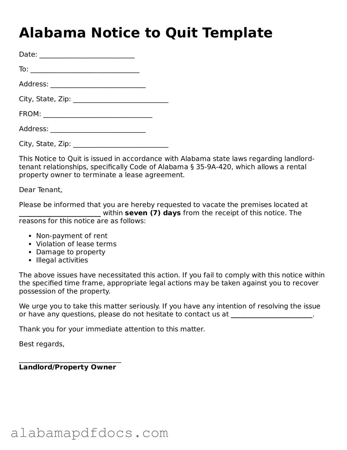Printable Notice to Quit Form for Alabama State