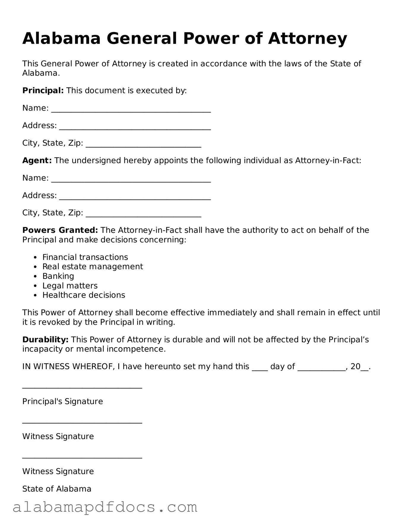 Printable General Power of Attorney Form for Alabama State