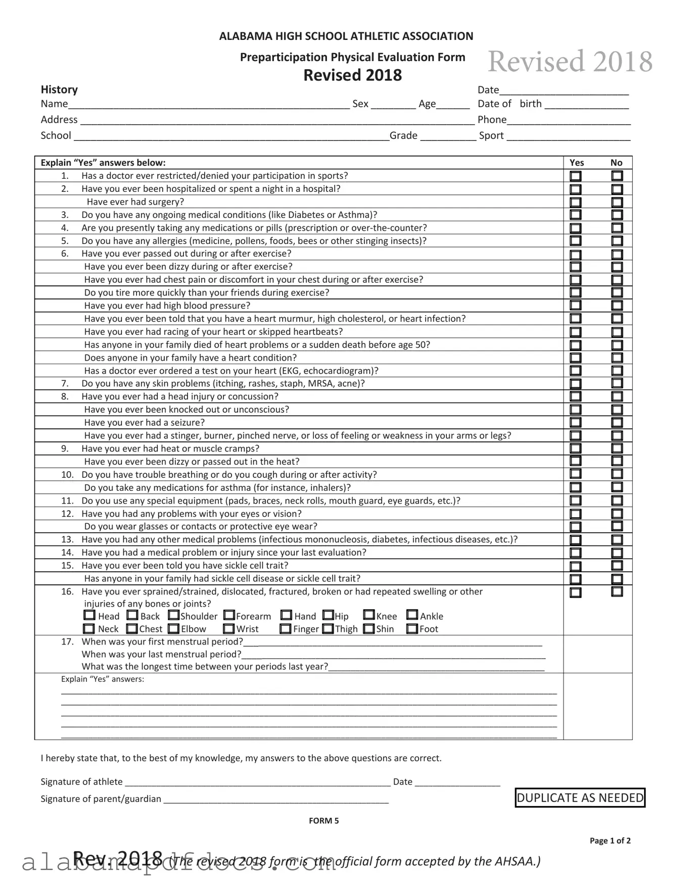 Free Alabama High School Physical PDF Template