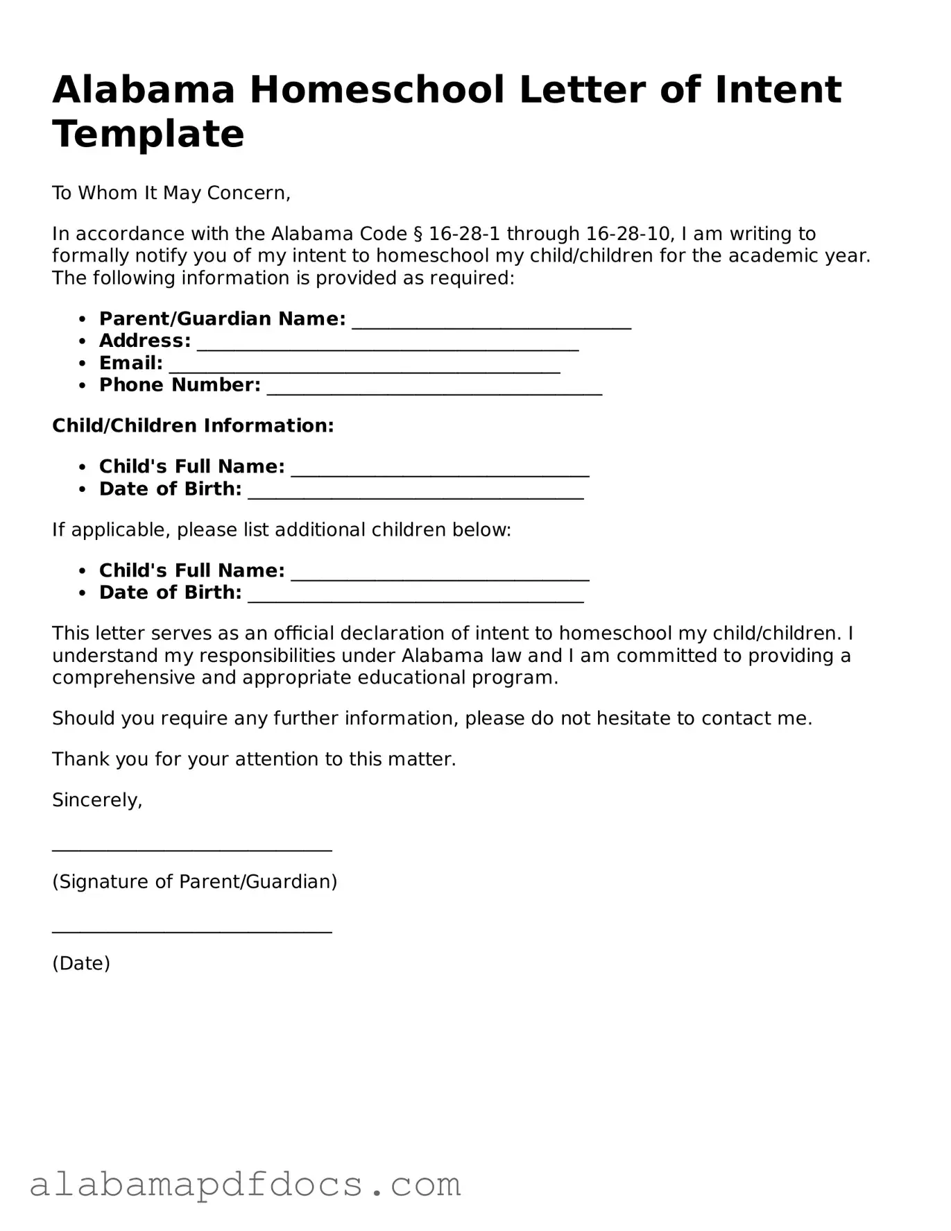 Printable Homeschool Letter of Intent Form for Alabama State
