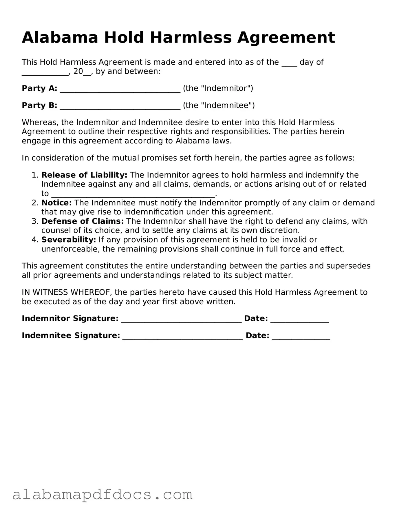 Printable Hold Harmless Agreement Form for Alabama State