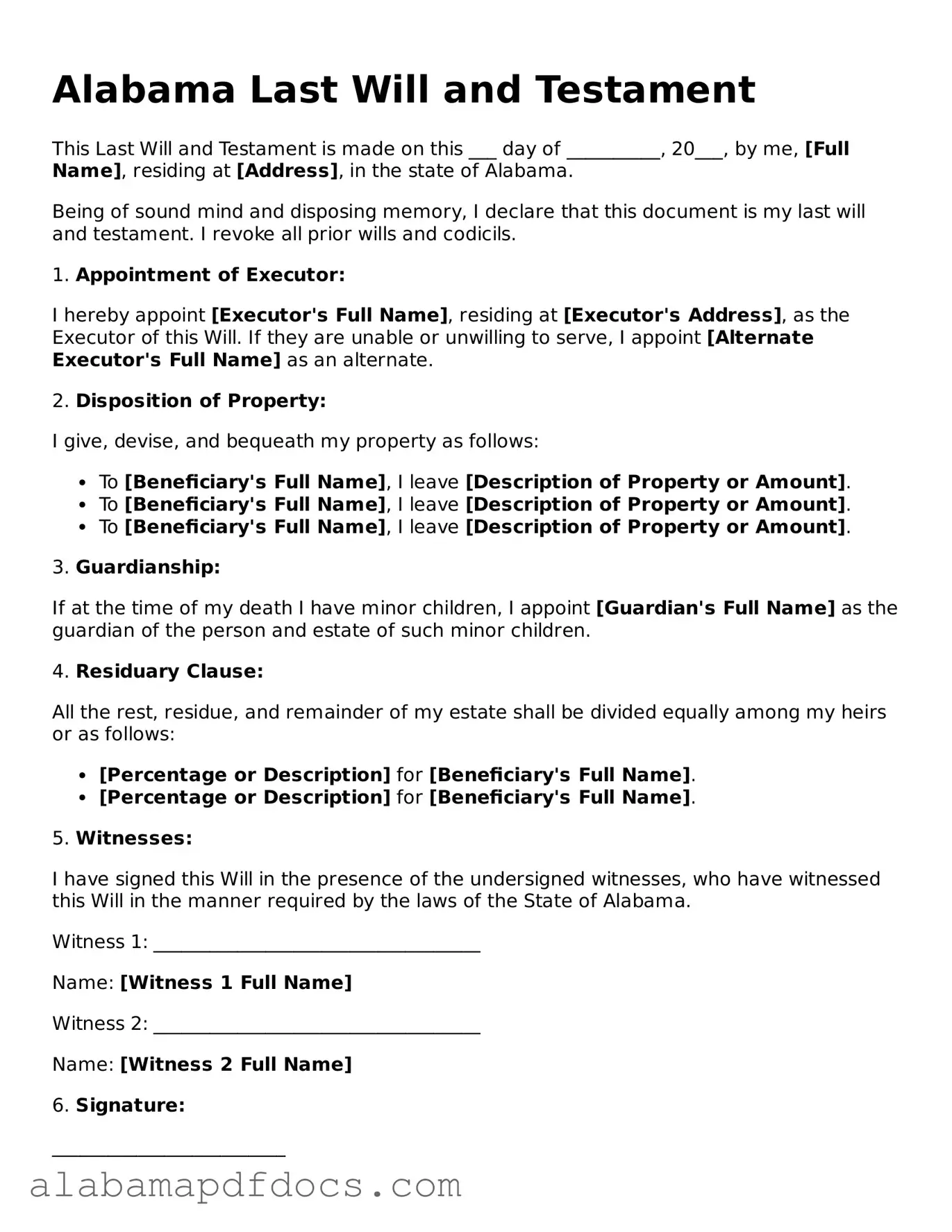 Printable Last Will and Testament Form for Alabama State