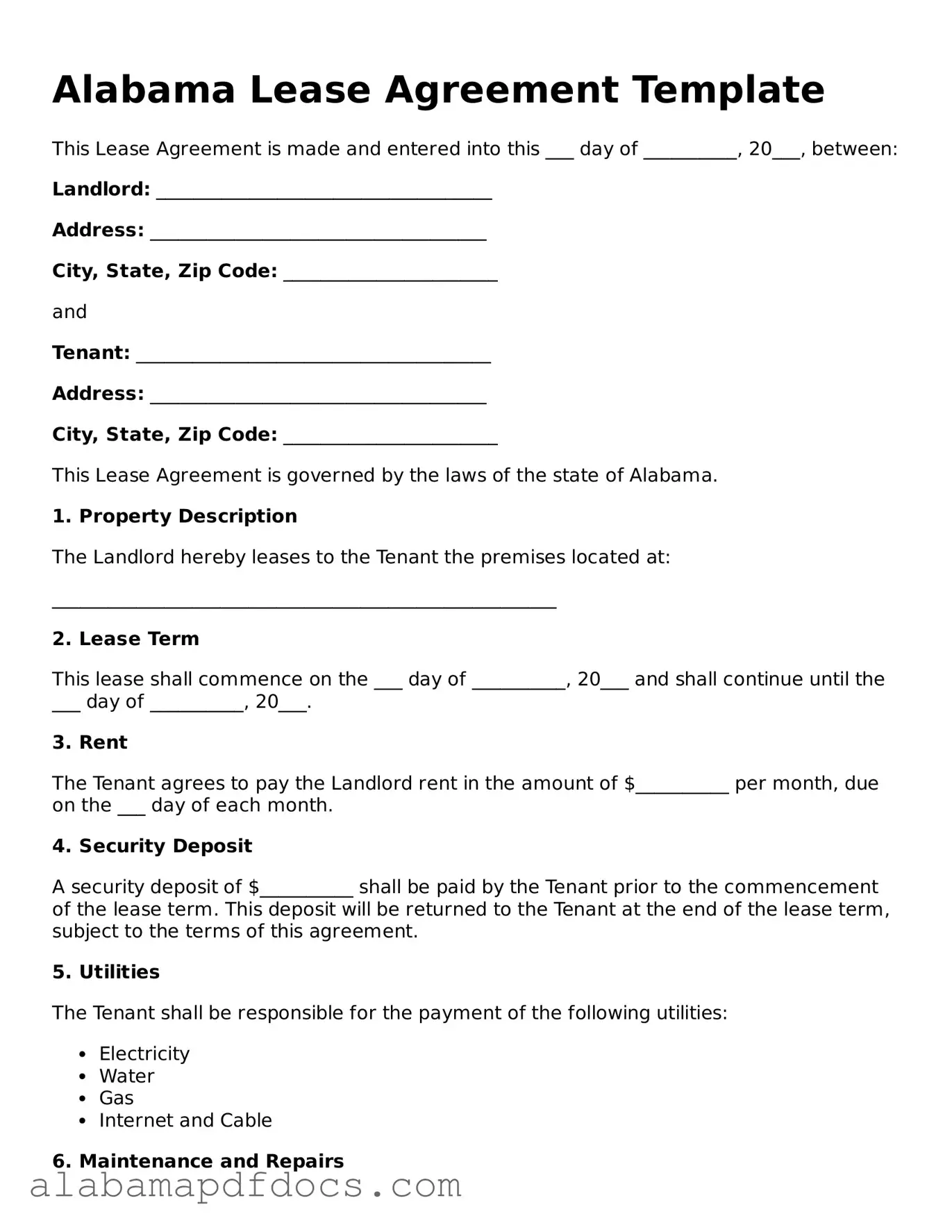 Printable Lease Agreement Form for Alabama State