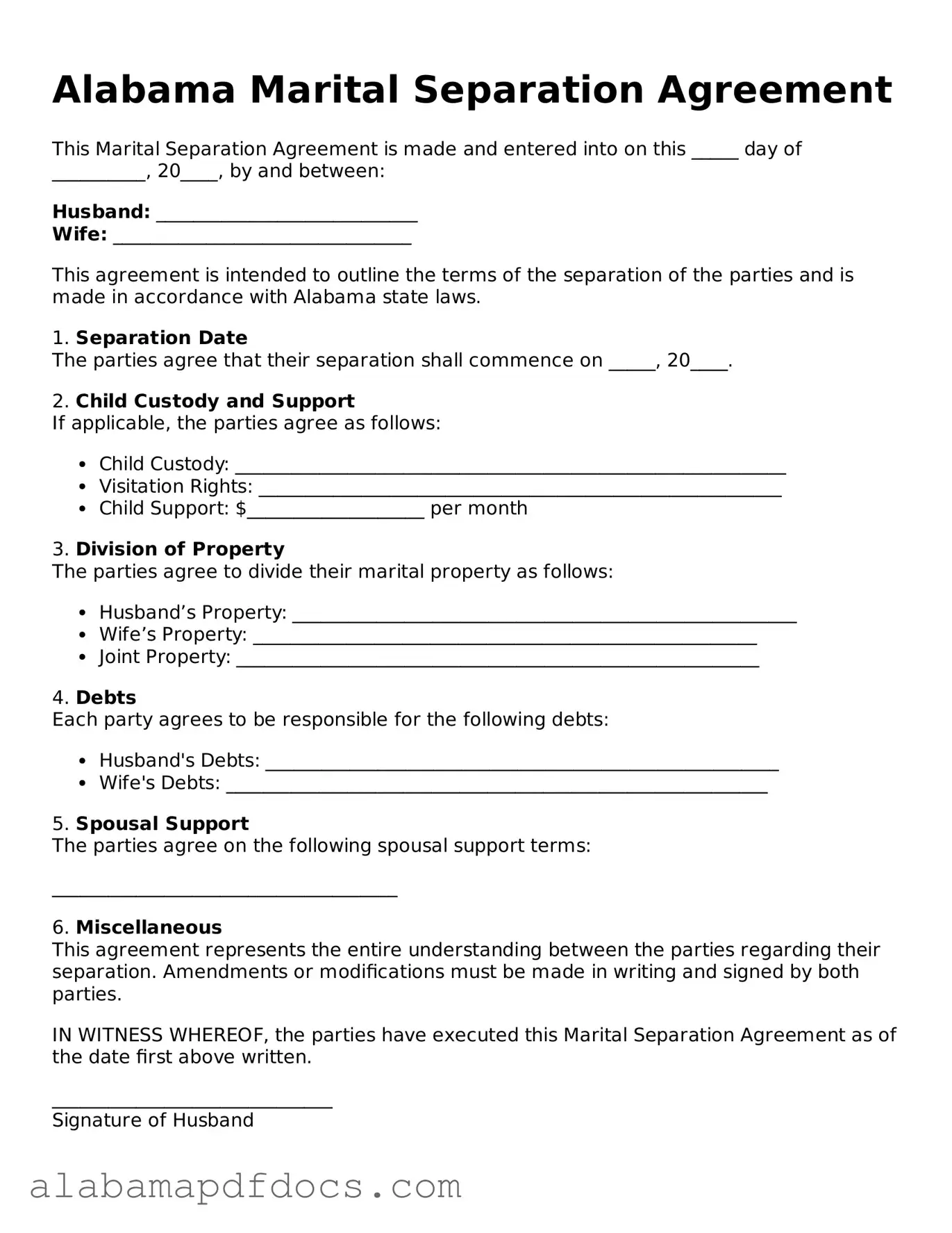 Printable Marital Separation Agreement Form for Alabama State