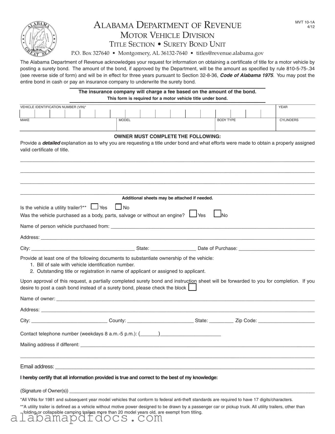Free Alabama Mvt 10 1A PDF Template