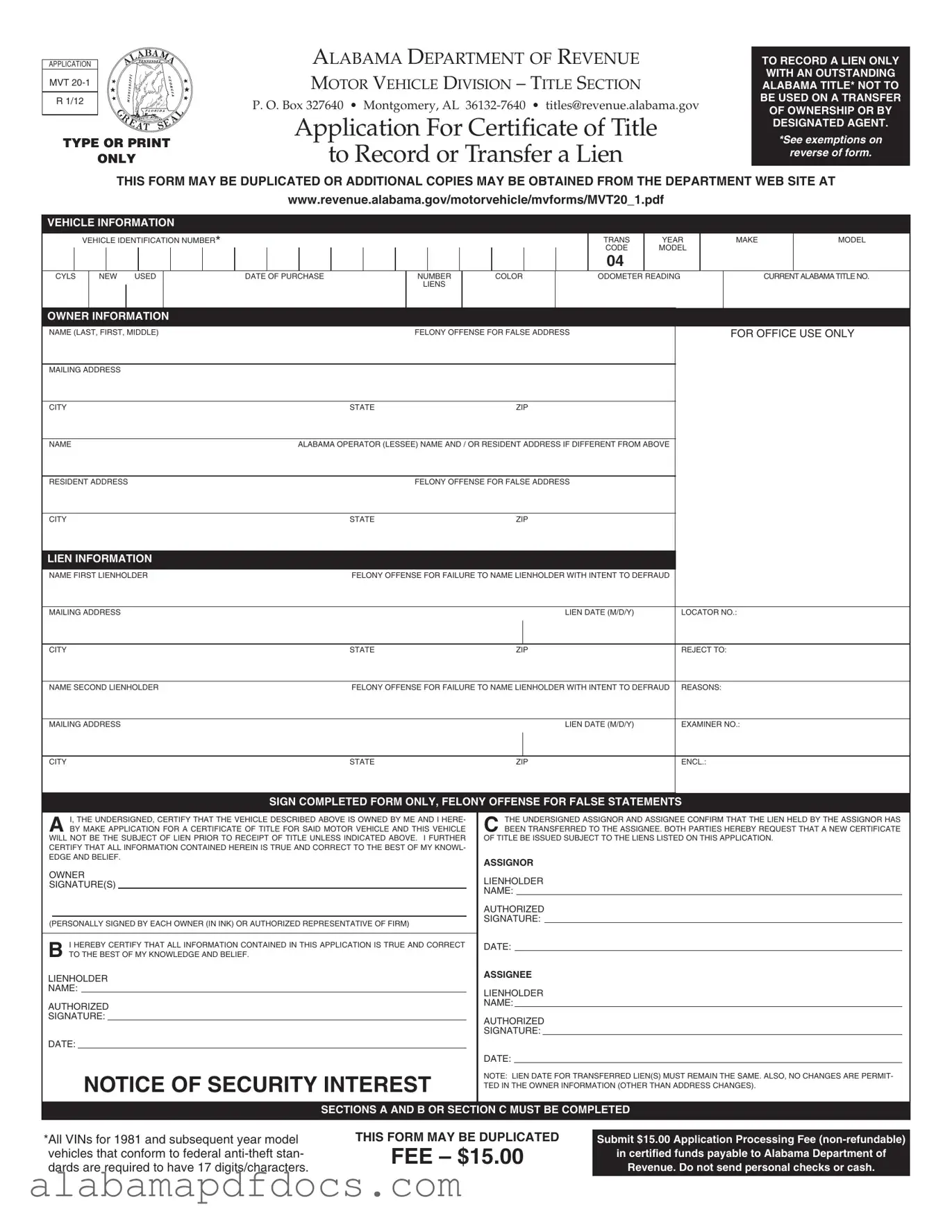 Free Alabama Mvt 20 1 PDF Template