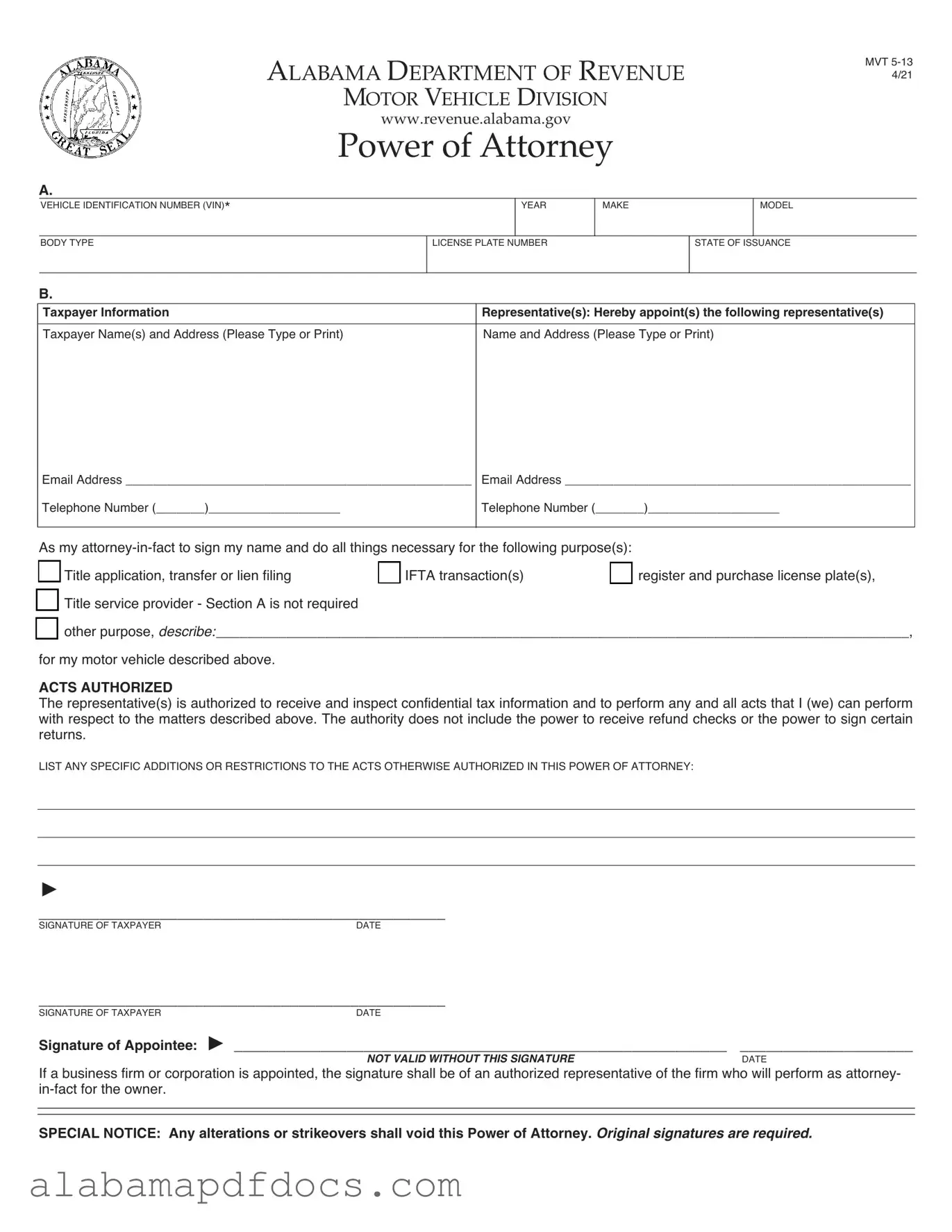 Free Alabama Mvt 5 13 PDF Template
