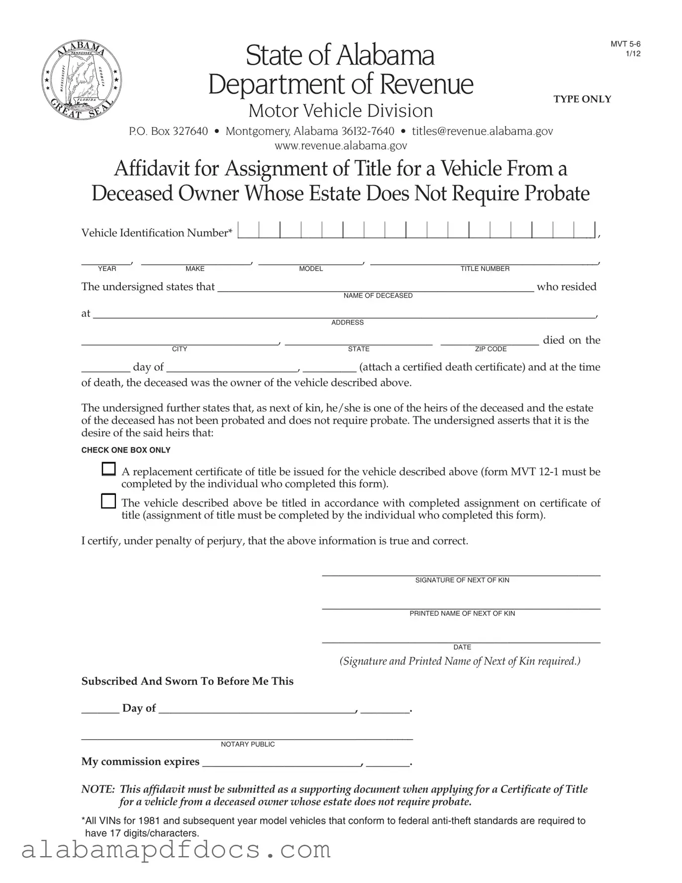 Free Alabama Mvt 5 PDF Template