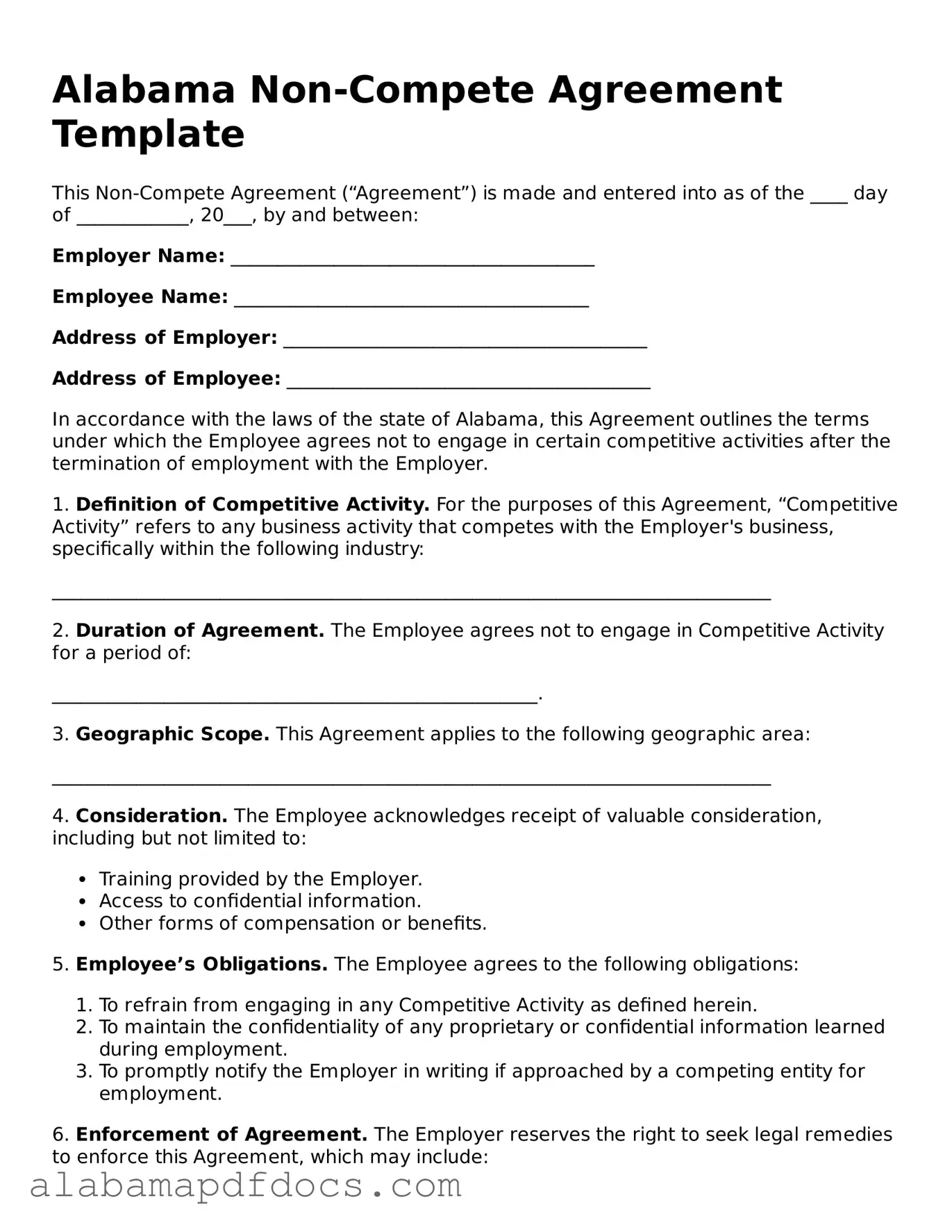 Printable Non-compete Agreement Form for Alabama State