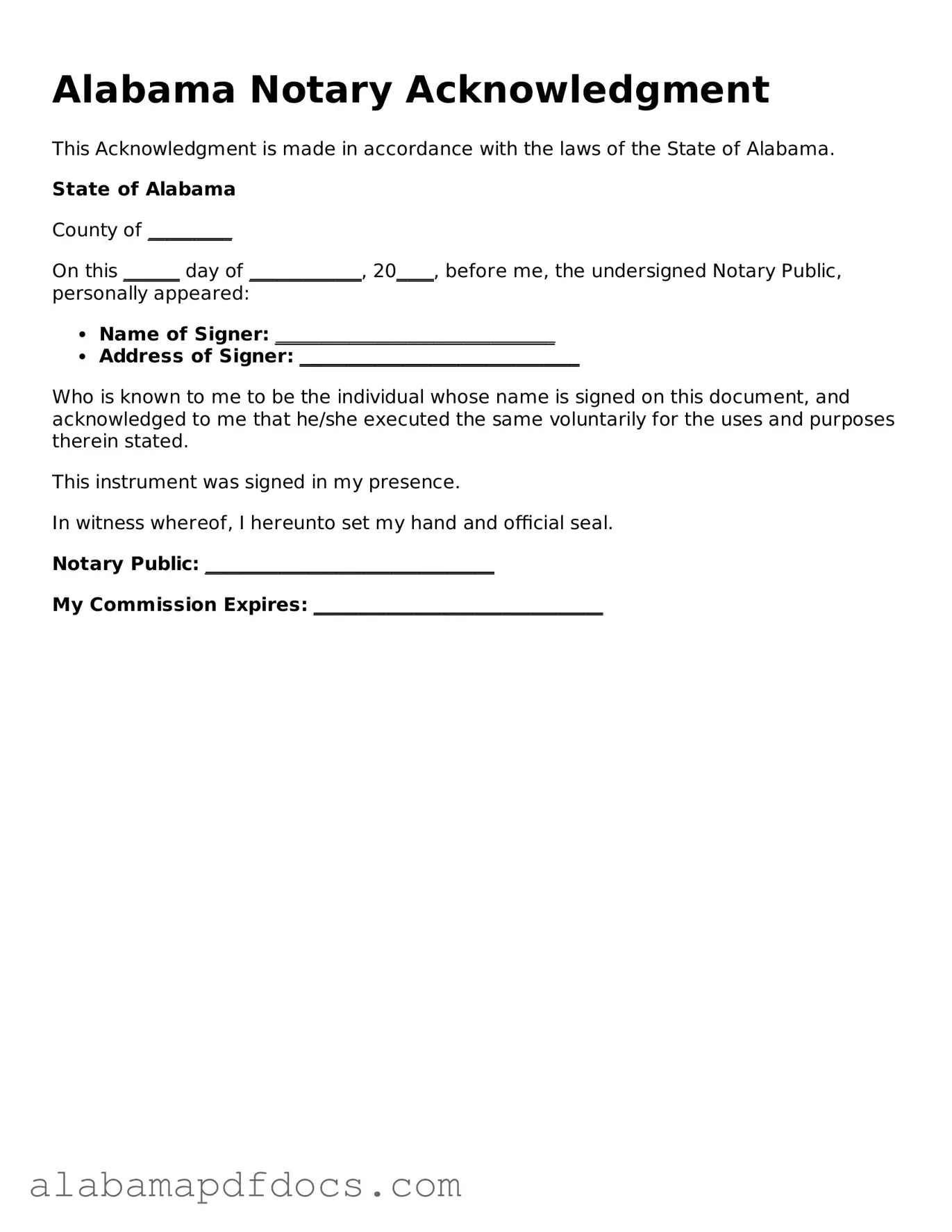 Printable Notary Acknowledgement Form for Alabama State