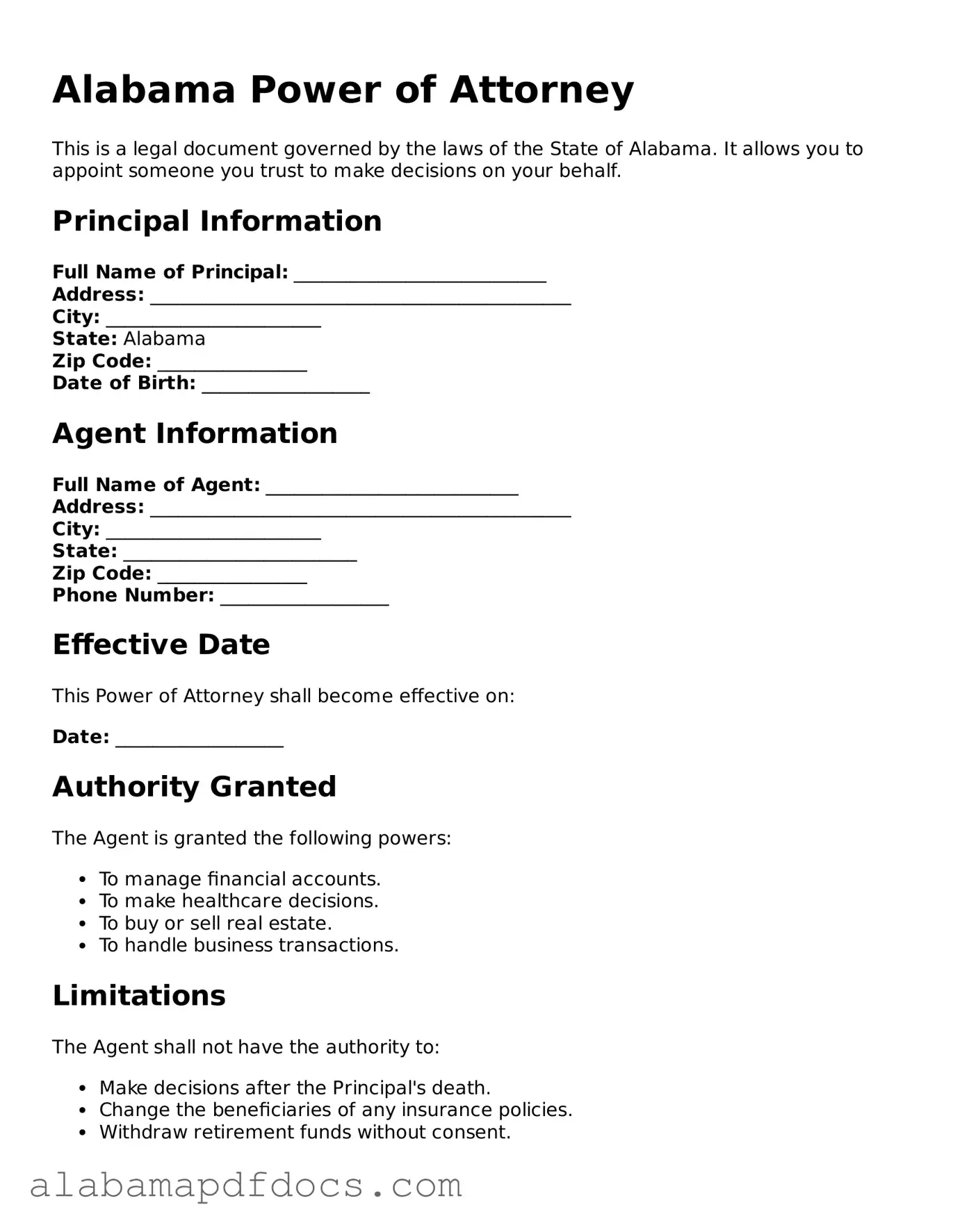 Printable Power of Attorney Form for Alabama State