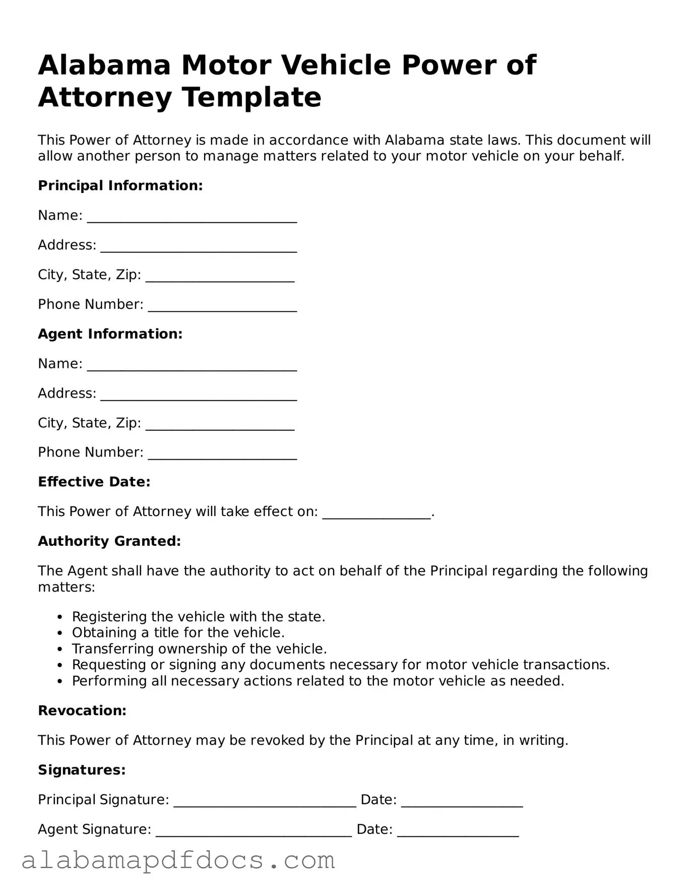 Printable Motor Vehicle Power of Attorney Form for Alabama State