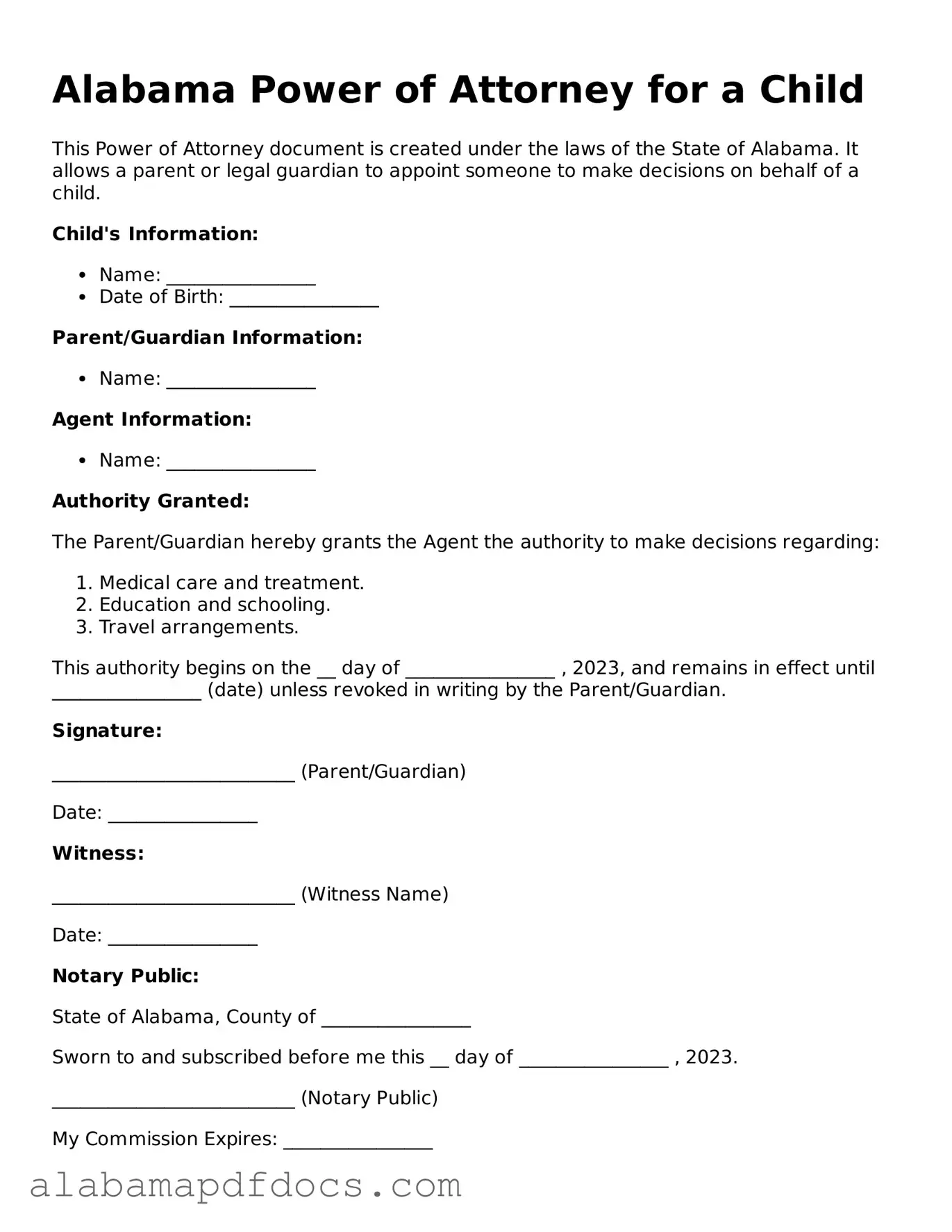 Printable Power of Attorney for a Child Form for Alabama State