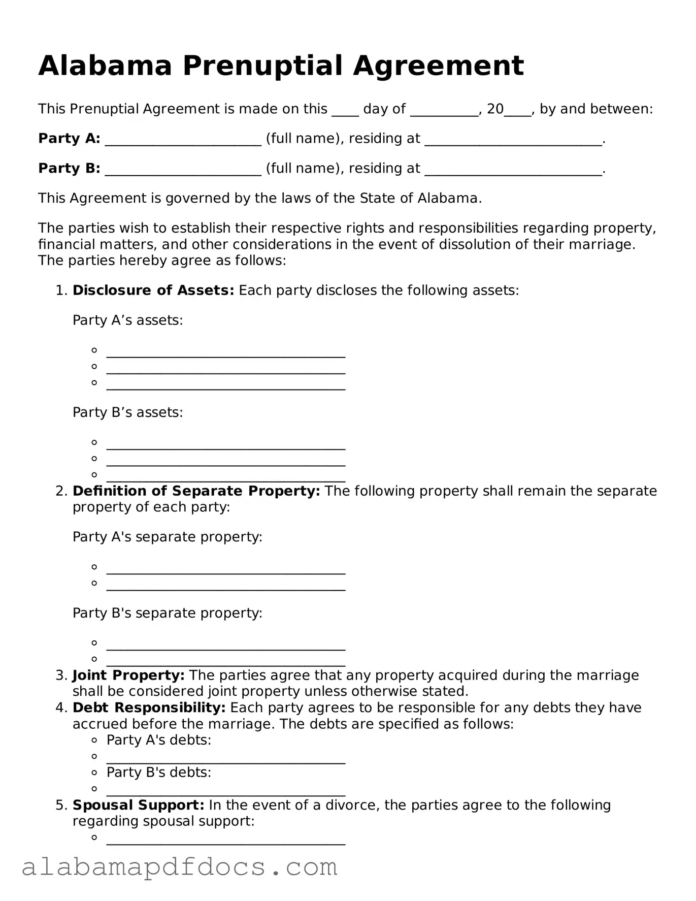 Printable Prenuptial Agreement Form for Alabama State
