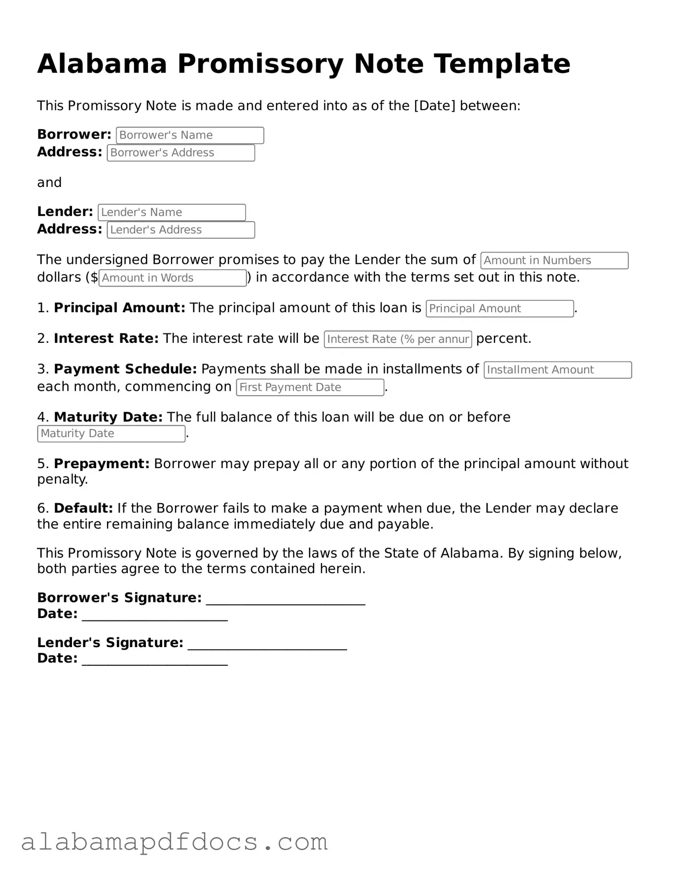 Printable Promissory Note Form for Alabama State