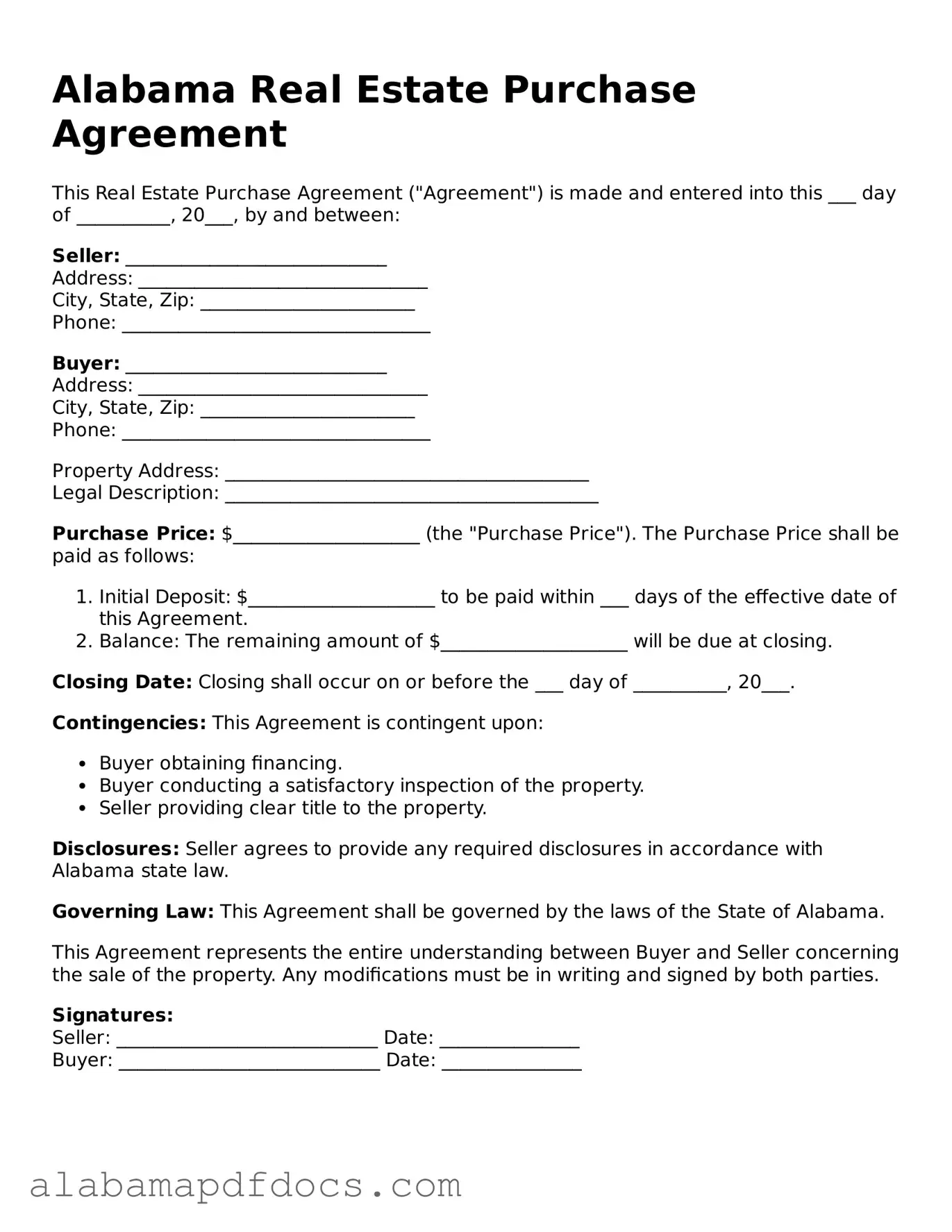 Printable Real Estate Purchase Agreement Form for Alabama State