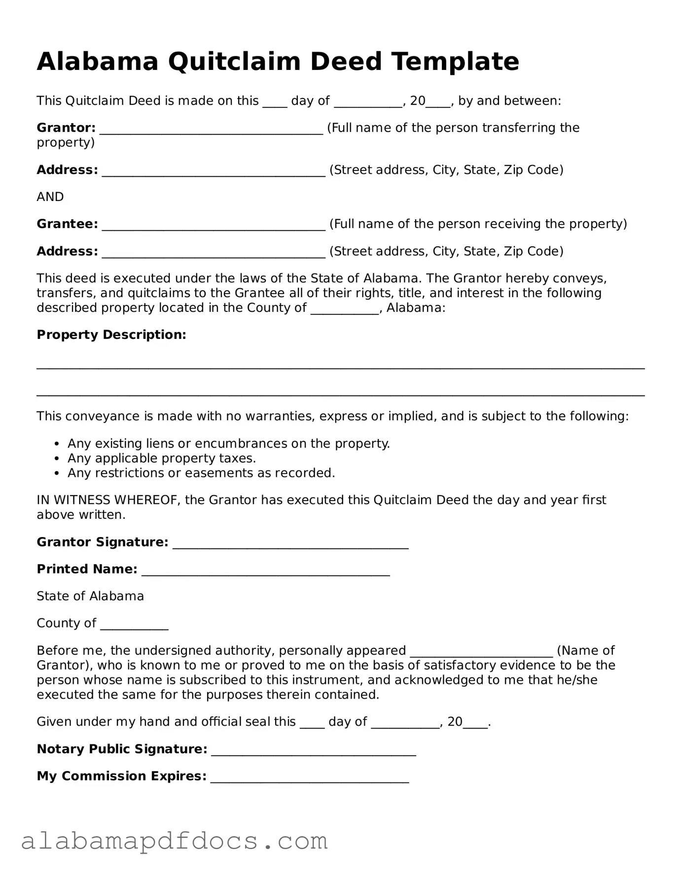 Printable Quitclaim Deed Form for Alabama State