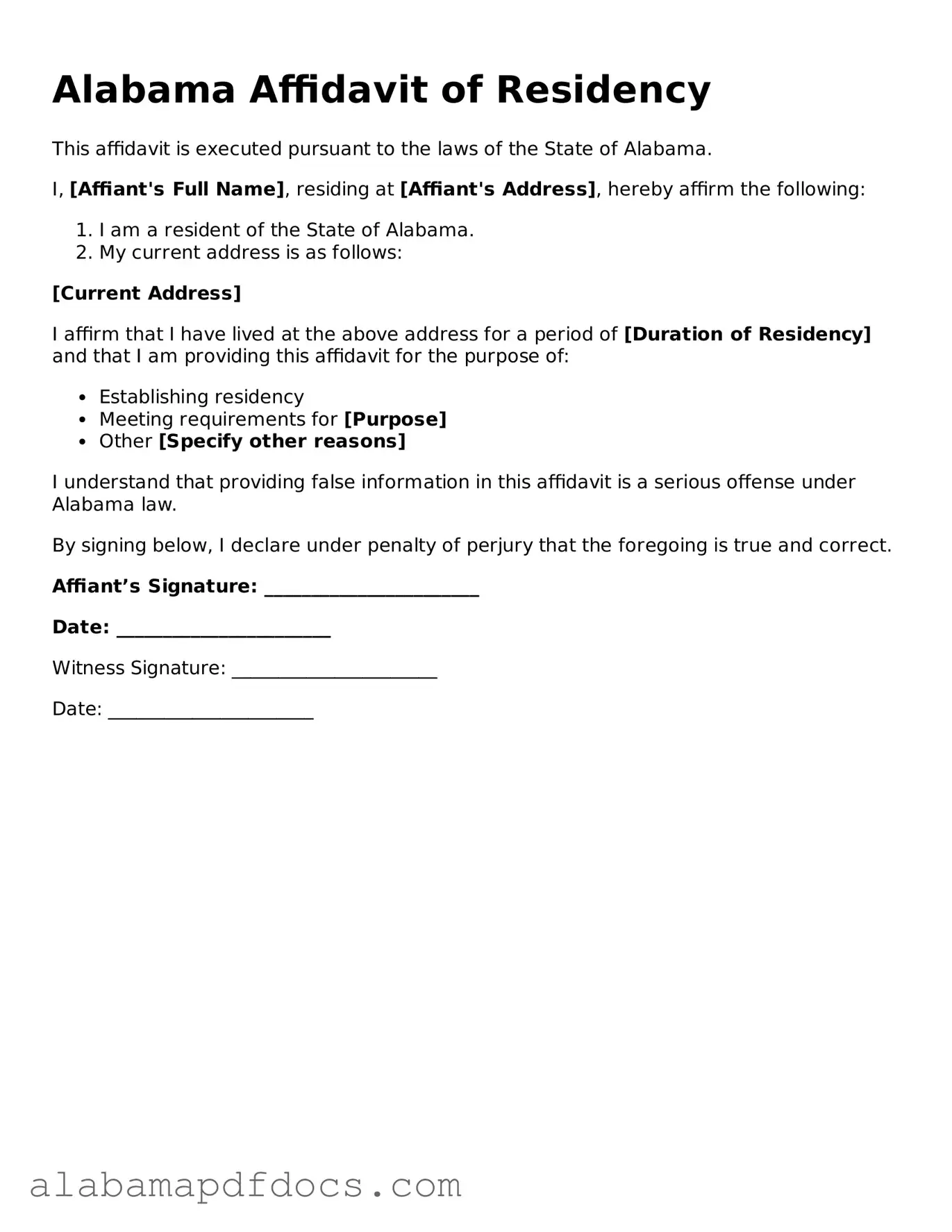 Printable Affidavit of Residency Form for Alabama State