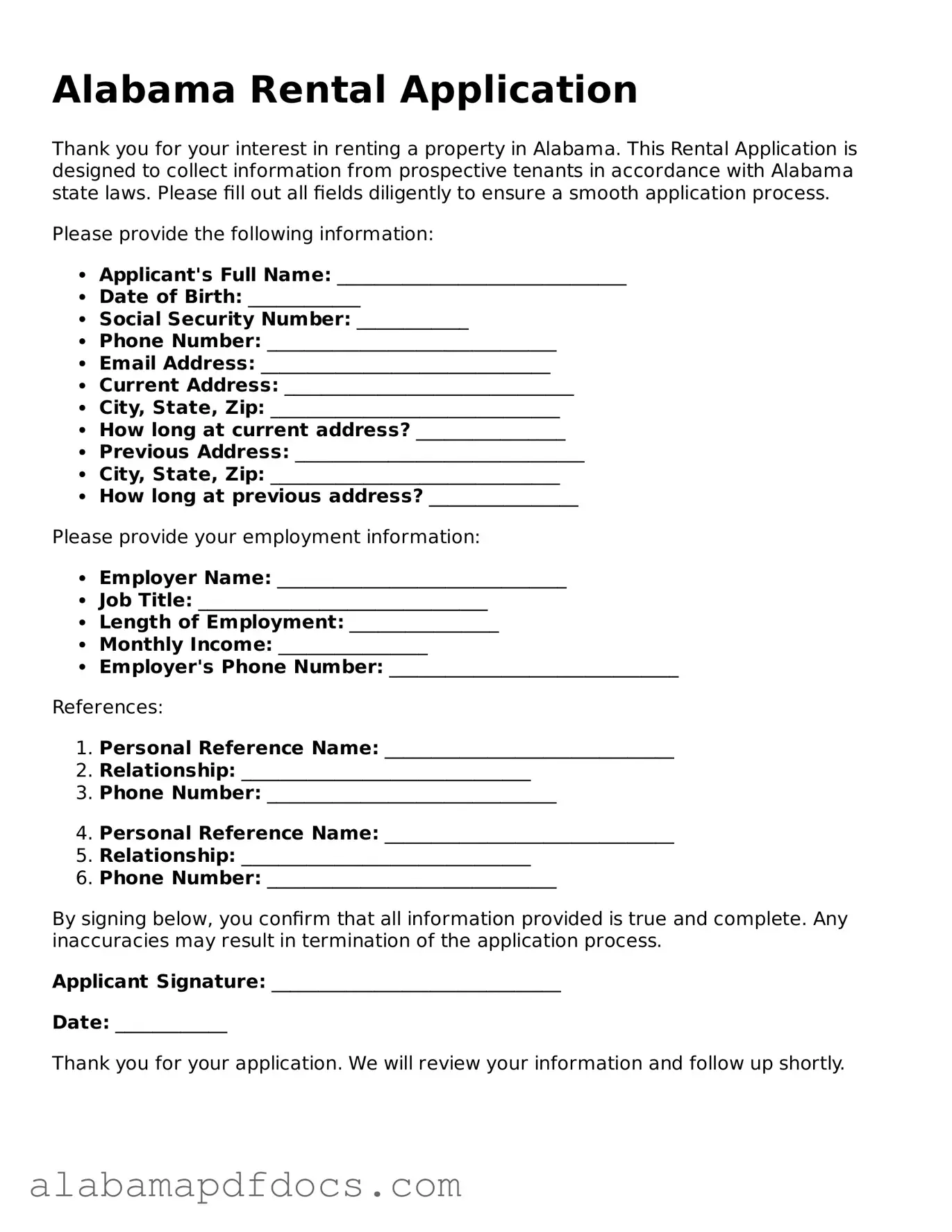 Printable Rental Application Form for Alabama State
