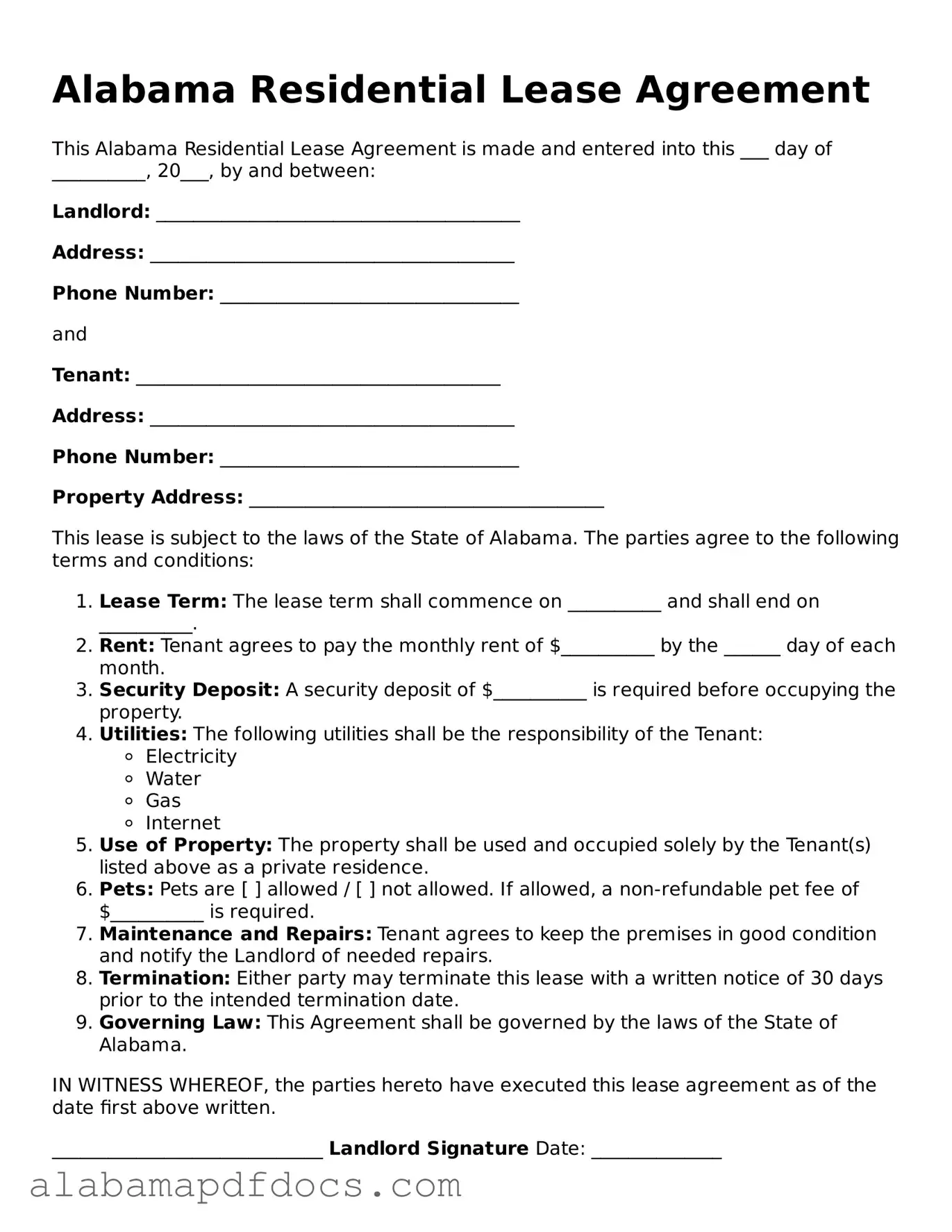 Printable Residential Lease Agreement Form for Alabama State